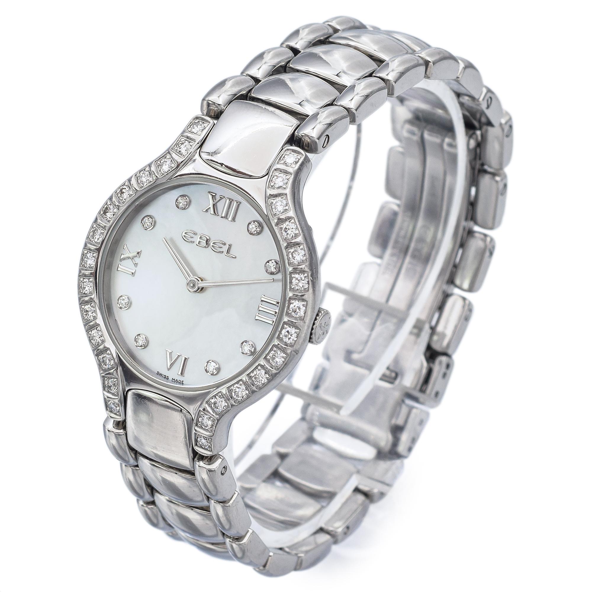 Good condition, fresh battery

Case Size: 27mm
Stone: Mother of Pearl, Diamonds (1.3-1.75 mm)
Band Length: 6 Inches
Hallmark: Ebel

Item #: BR-1055-092123-19
