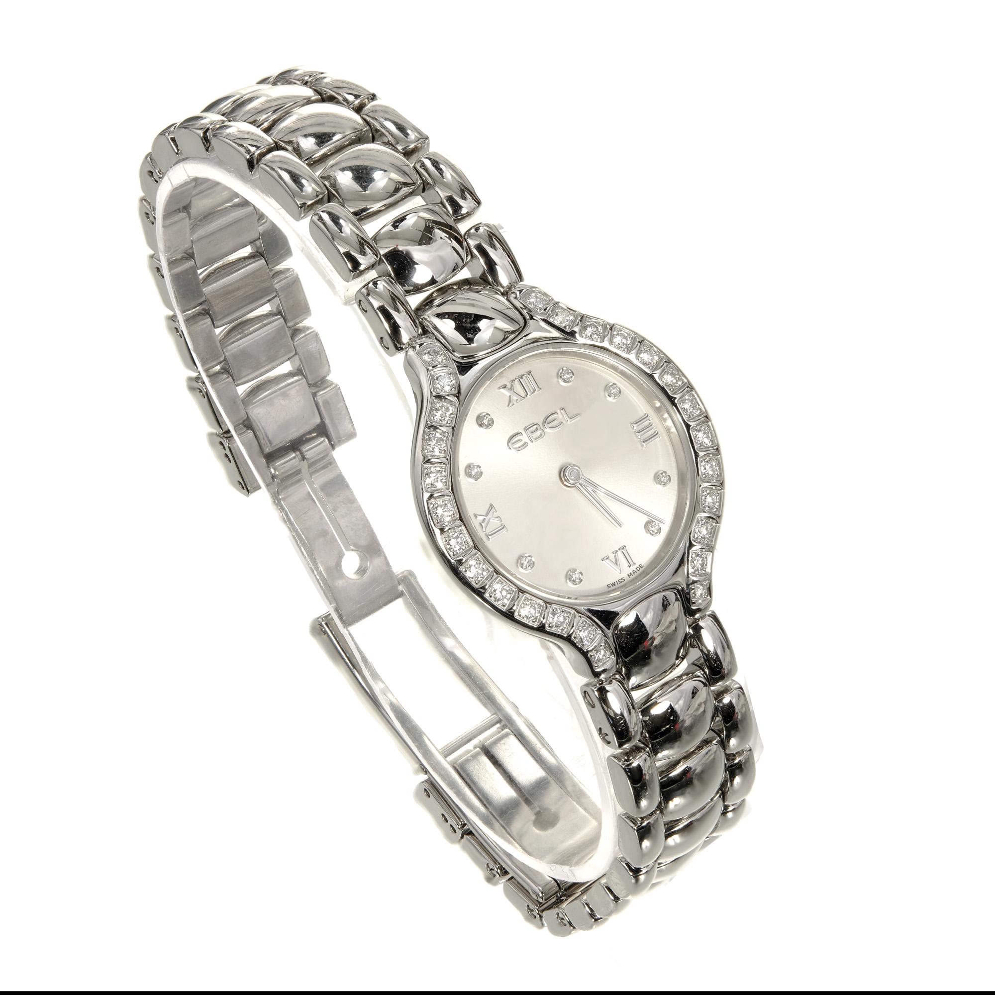 Ebel Beluga diamond bezel dial ladies wristwatch in stainless steel.

28 round diamonds approx total weight: .50cts SI-HI
8 round diamonds approx total weight: .02cts SI-HI
6 5/8 Inches long 
Length: 34mm
Width: 25mm
Band Width at Case: 12mm
Case
