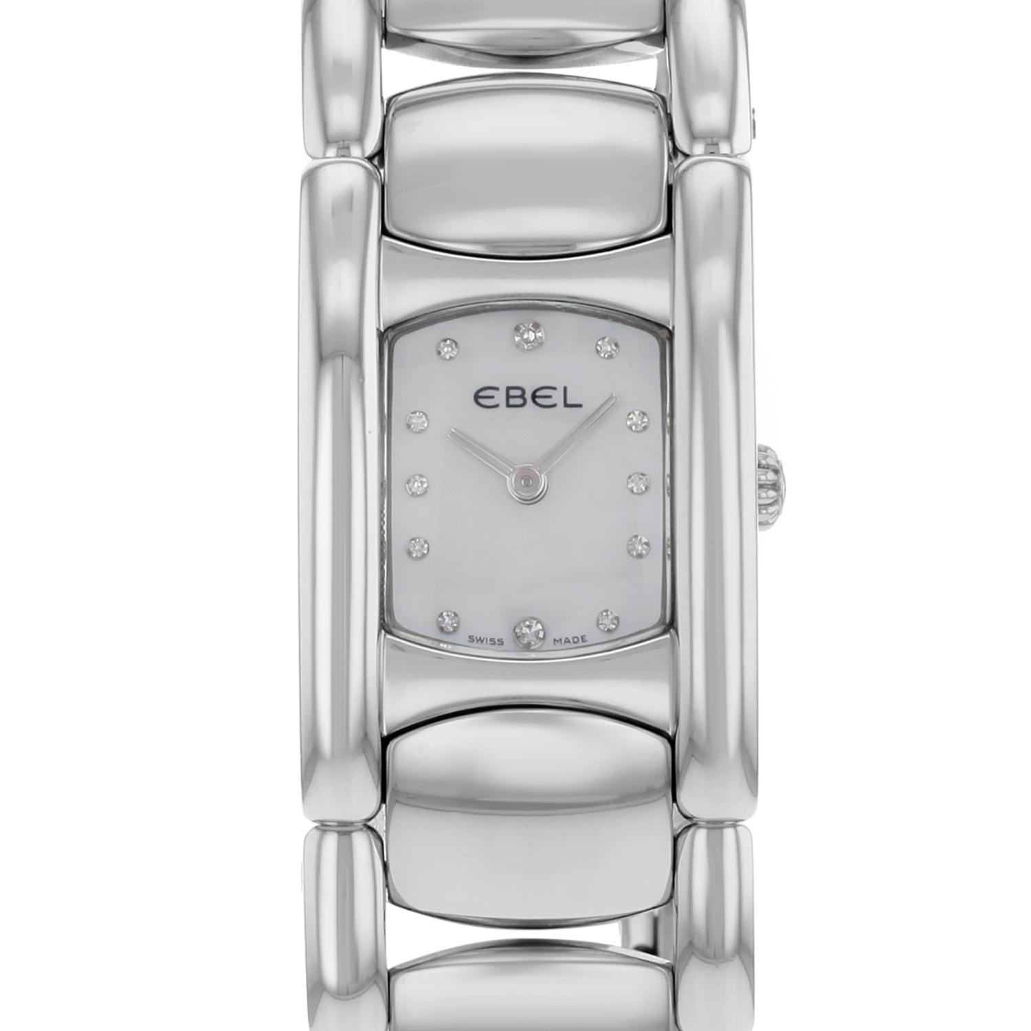This pre-owned Ebel Beluga Manchette 9057A21 is a beautiful Womens timepiece that is powered by a quartz movement which is cased in a stainless steel case. It has a rectangle shape face, diamonds dial and has hand diamonds style markers. It is