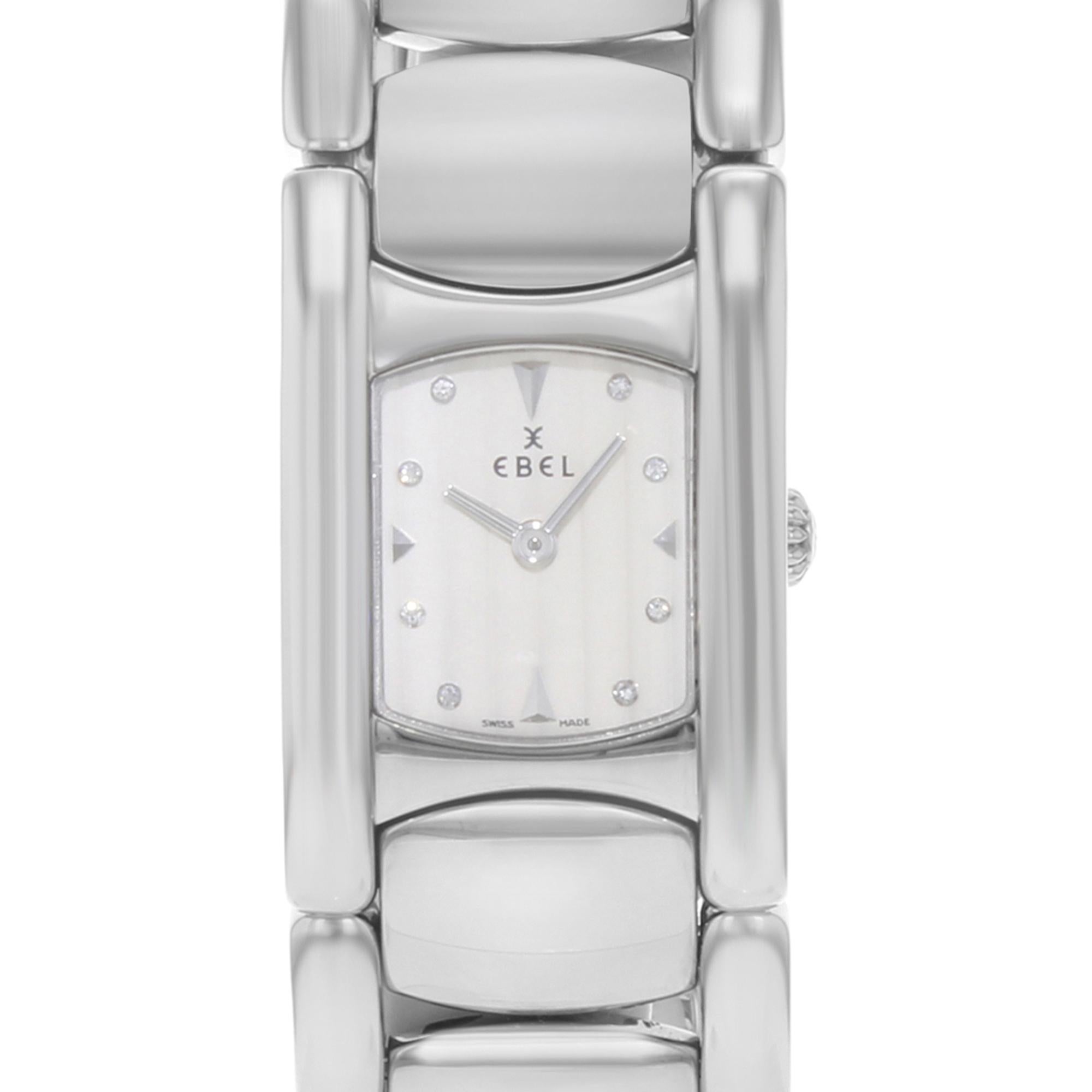 This display model Ebel Beluga 9057A21 is a beautiful Womens timepiece that is powered by a quartz movement which is cased in a stainless steel case. It has a rectangle shape face, diamonds dial and has hand diamonds style markers. It is completed