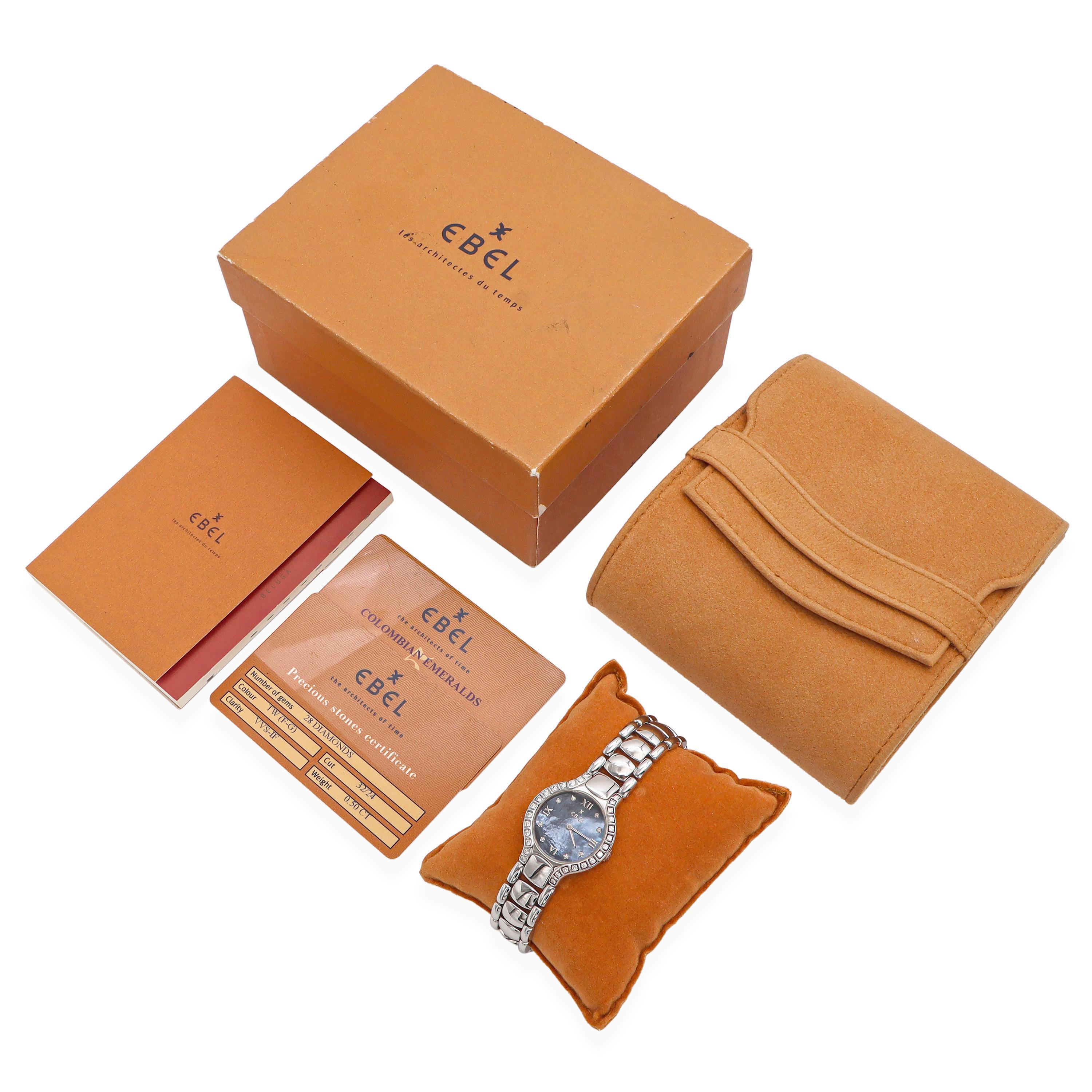 Elevate your wristwear with this elegant Ebel Beluga women’s watch, a stunning fusion of luxury and refinement. Crafted in polished stainless steel, the sleek bracelet-style band flows seamlessly into the rounded case, creating Ebel’s signature