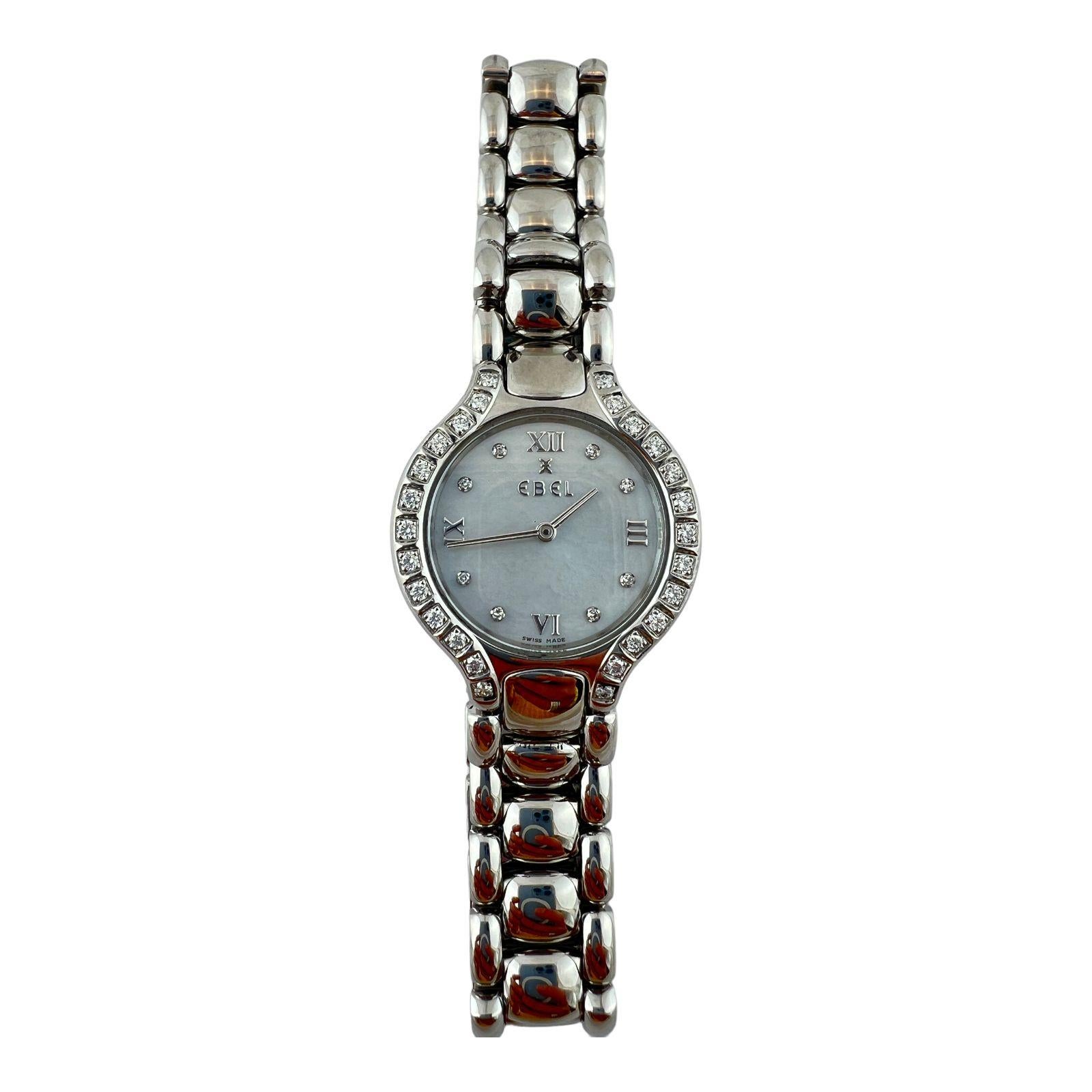 Ebel Beluga Diamond Ladies Watch

Model: E9976418-20
Serial: 41511253

This classic ebel ladies watch is set in stainless steel and has a quartz movement

Diamond bezel

Mother of Pearl diamond dial with Roman numerals at 12, 3, 6, and 9

Hidden