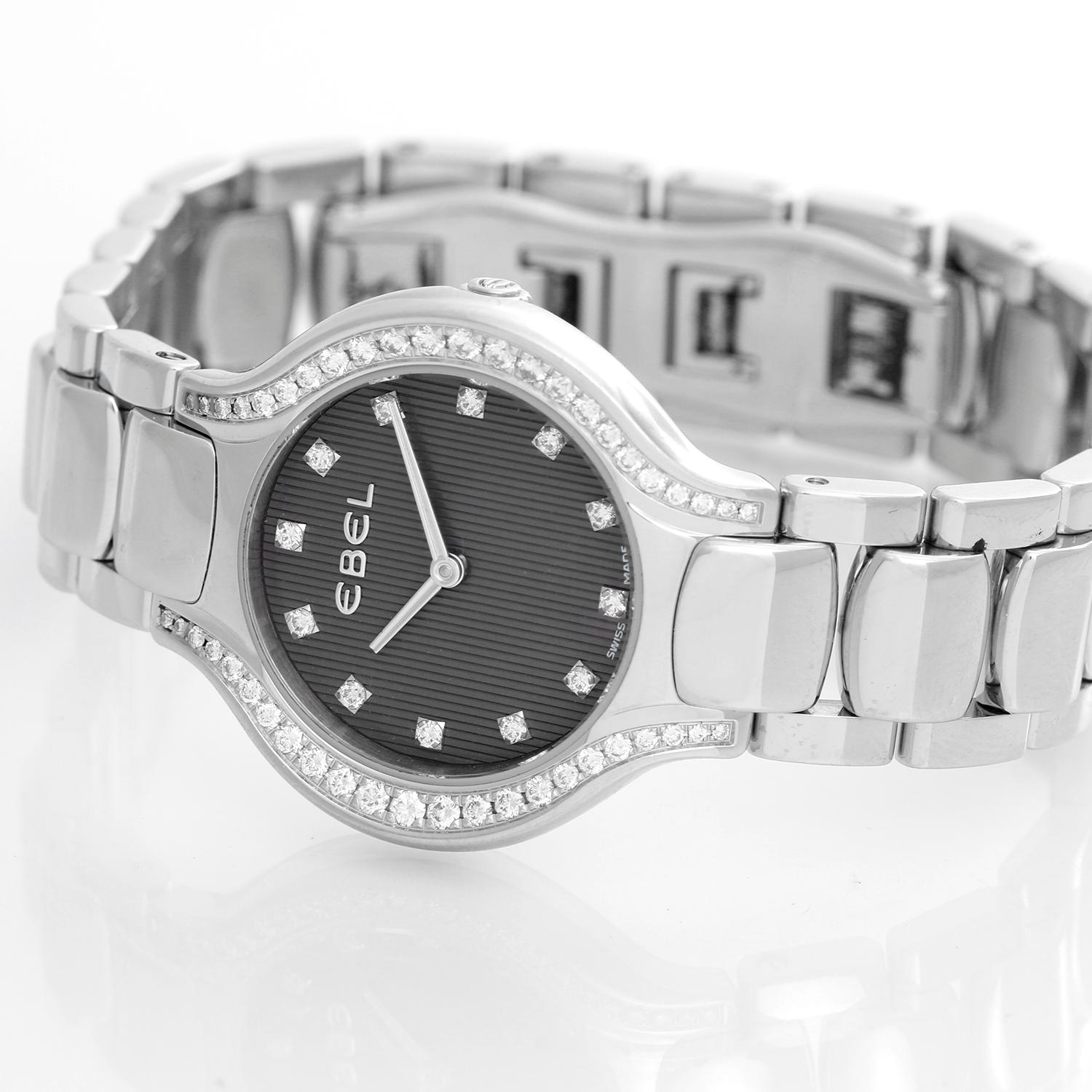Ebel Beluga Stainless Steel & Diamond Ladies Watch 1215856 - Quartz movement. Stainless steel case with diamond bezel and lugs (26mm diameter). Slate grey  dial with diamond hour markers. Stainless steel bracelet (will fit apx. 6-1/4-inch wrist).