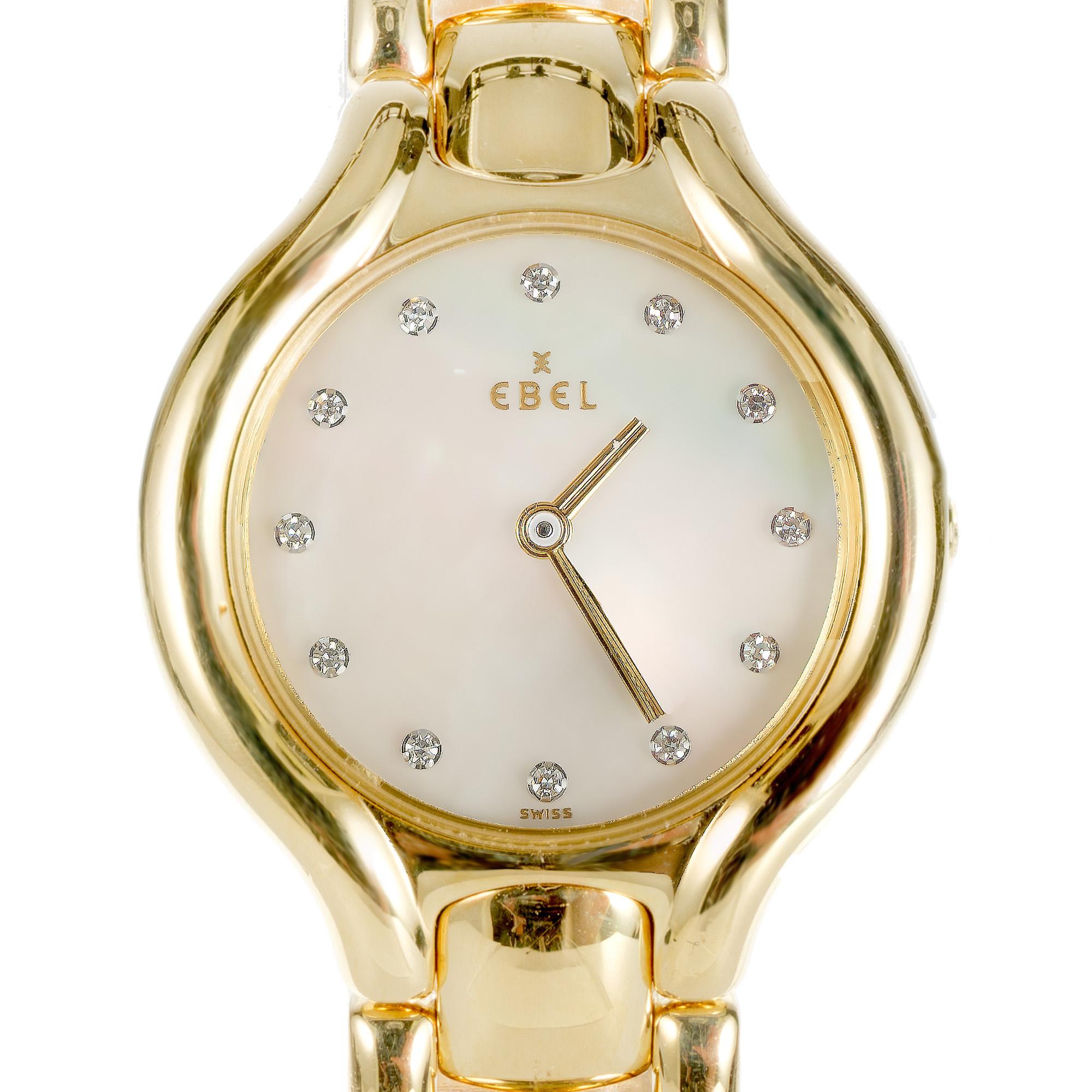 Restored ladies Ebel Beluga watch with mother of pearl diamond dial. Seven Inches long and easily shortened.

Length: 28mm
Width: 25mm
Band width at case: 12mm
Case thickness: 5.37mm
7Band: 18k yellow gold 
Crystal: sapphire
Dial: mother of
