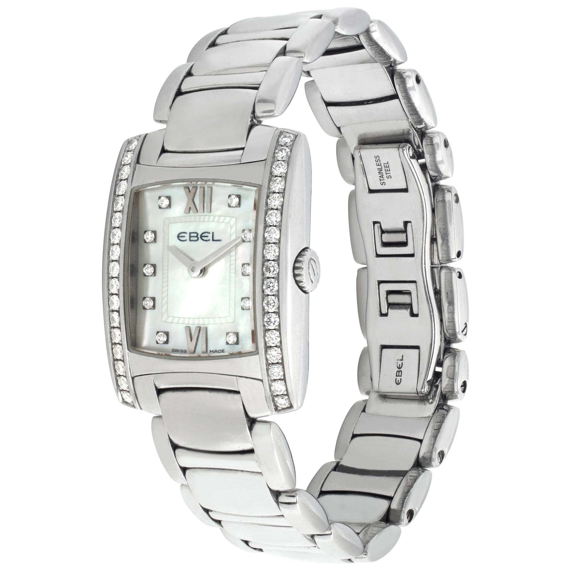 Ebel Brasilia watch with mother of pearl diamond dial and diamond bezel in stainless steel. Quartz. 30 mm length (lud to lug) by 23.5 mm width case size. With box and papers. Ref E9976M2S. Circa 2006. Fine Pre-owned Ebel Watch. Certified preowned