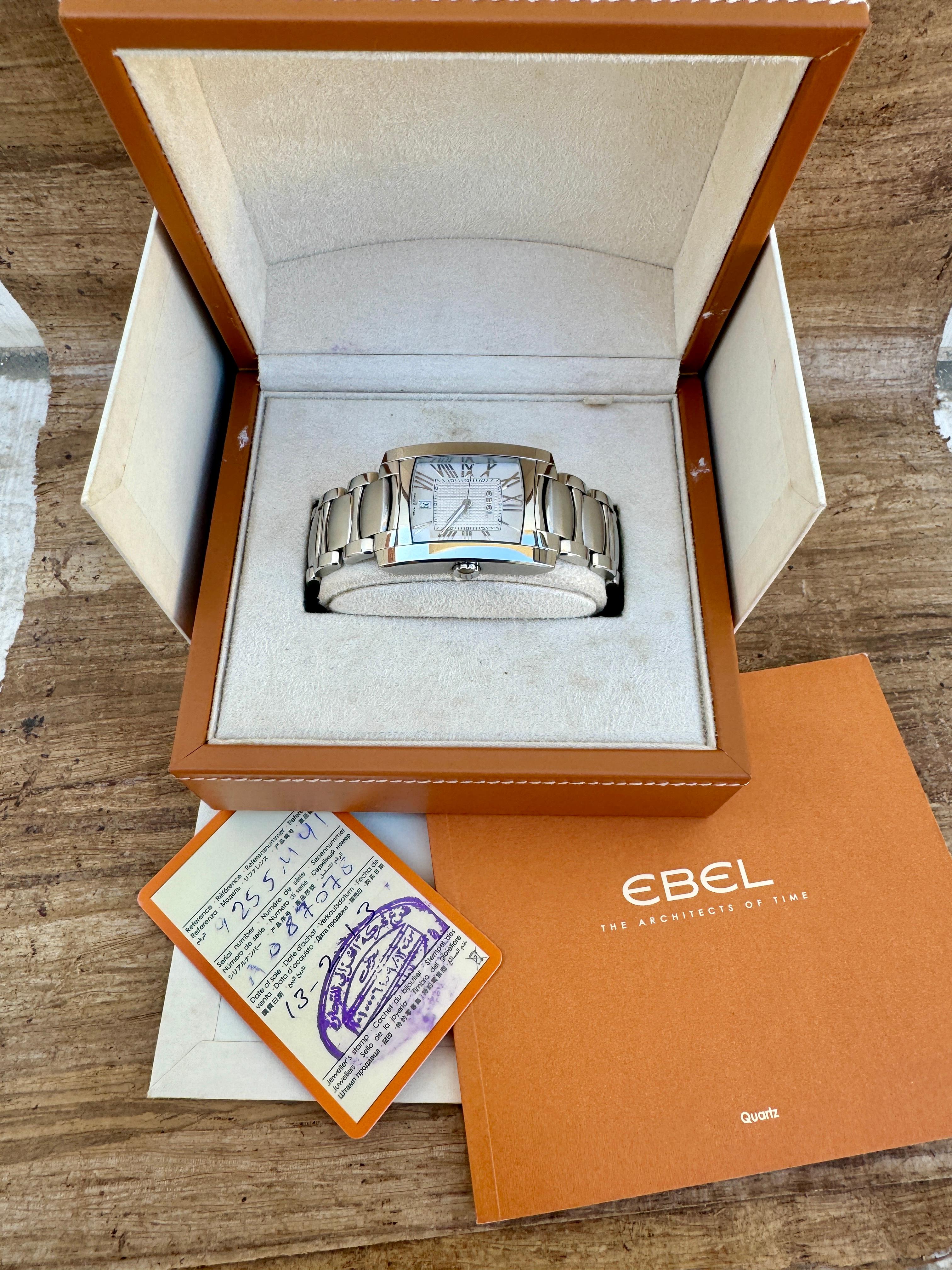 Brand: Ebel

Model: Brasilia

Reference: E9255M41

Country Of Manufacture: Switzerland

Movement: Quartz

Case Material: Stainless steel

Measurements : Case width: 33mm x 44 mm. (without crown)

Band Type : Ebel Stainless steel With Marked