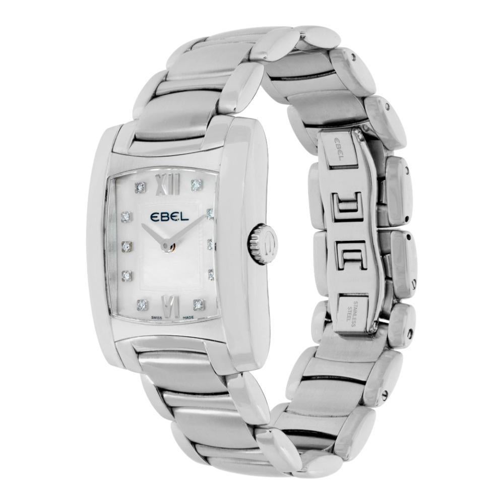 Ebel Brasilia in stainless steel with diamond Mother of Pearl dial. Quartz on stainless steel link bracelet, 7.25 inches. 27 mm case size. Ref E9256M32. Circa 2000s. Fine Pre-owned Ebel Watch. Certified preowned Classic Ebel Brasilia E9256M32 watch