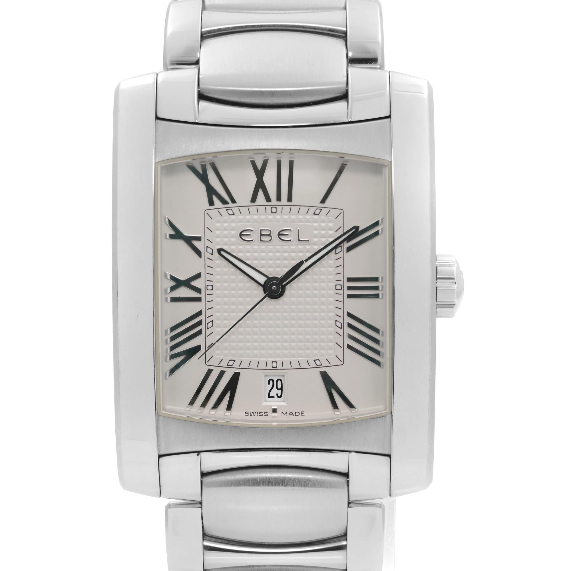 Pre Owned Ebel Brasilia Stainless Steel White Roman Numeral Dial Quartz Men Watch E9255M41. This Beautiful Timepiece Features: Stainless Steel Case & Bracelet, Fixed Smooth Stainless Steel Bezel, White Dial with Luminous Silver-Tone Hands, and Roman