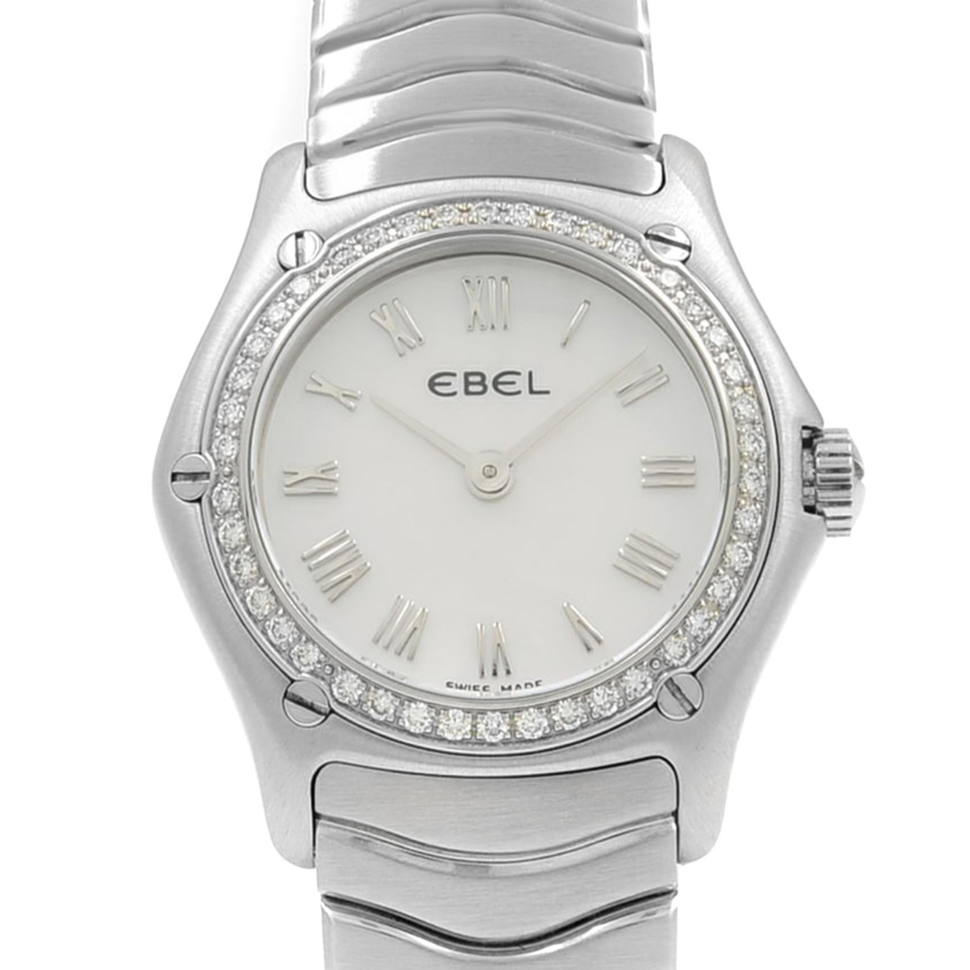 This display model Ebel Classic  9157F14-9225 is a beautiful Ladies timepiece that is powered by a quartz movement which is cased in a stainless steel case. It has a round shape face, diamonds dial and has hand roman numerals style markers. It is