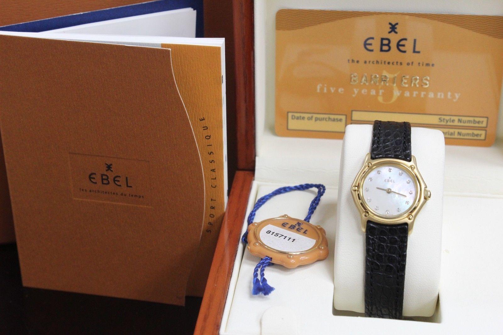 Round Cut Ebel Classic Wave 18 Karat Gold Ladies MOP Diamond Dial Box and Papers Like New For Sale