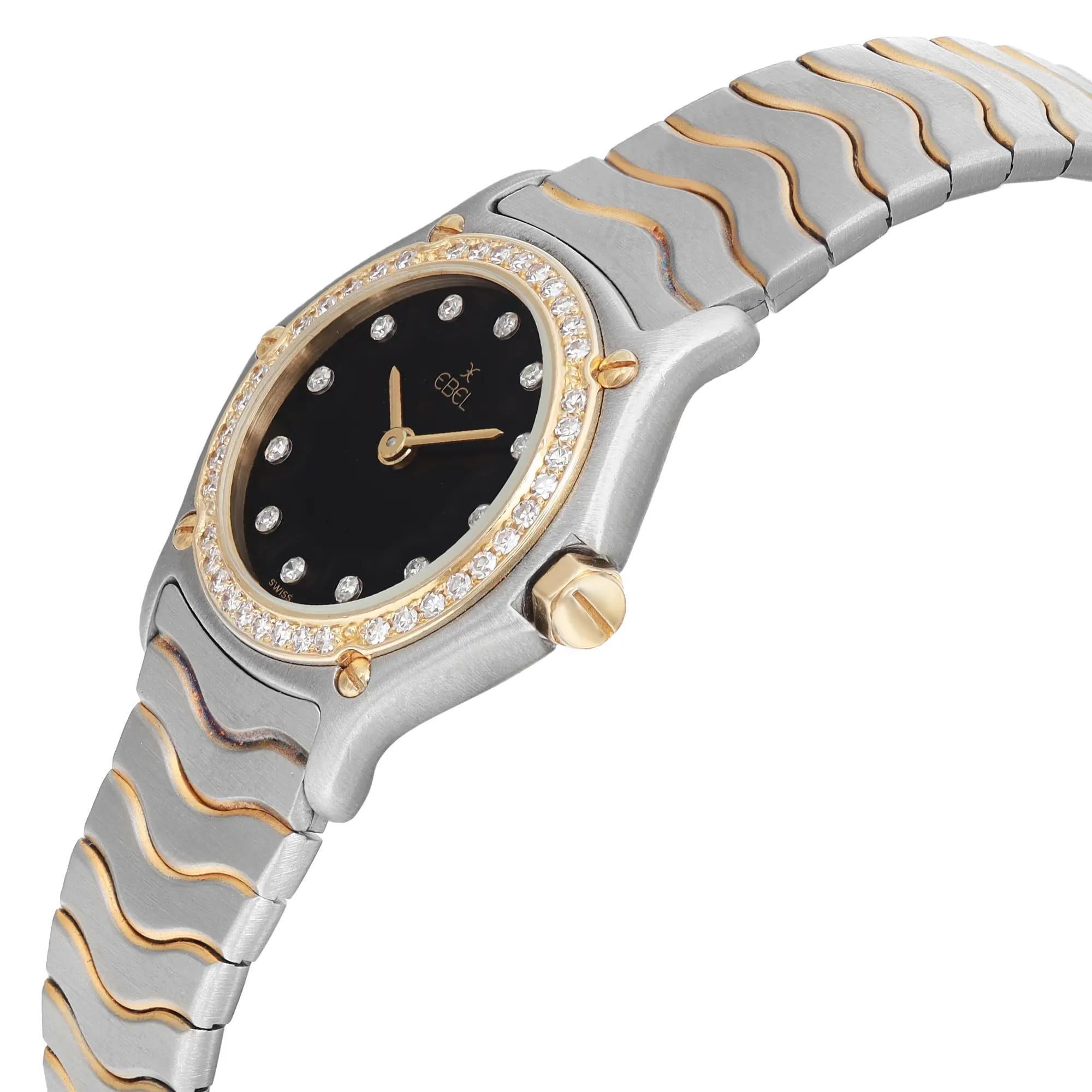 Ebel Classic Wave 18K Yellow Gold Steel Black Dial Quartz Ladies Watch 1057902 In Excellent Condition In New York, NY