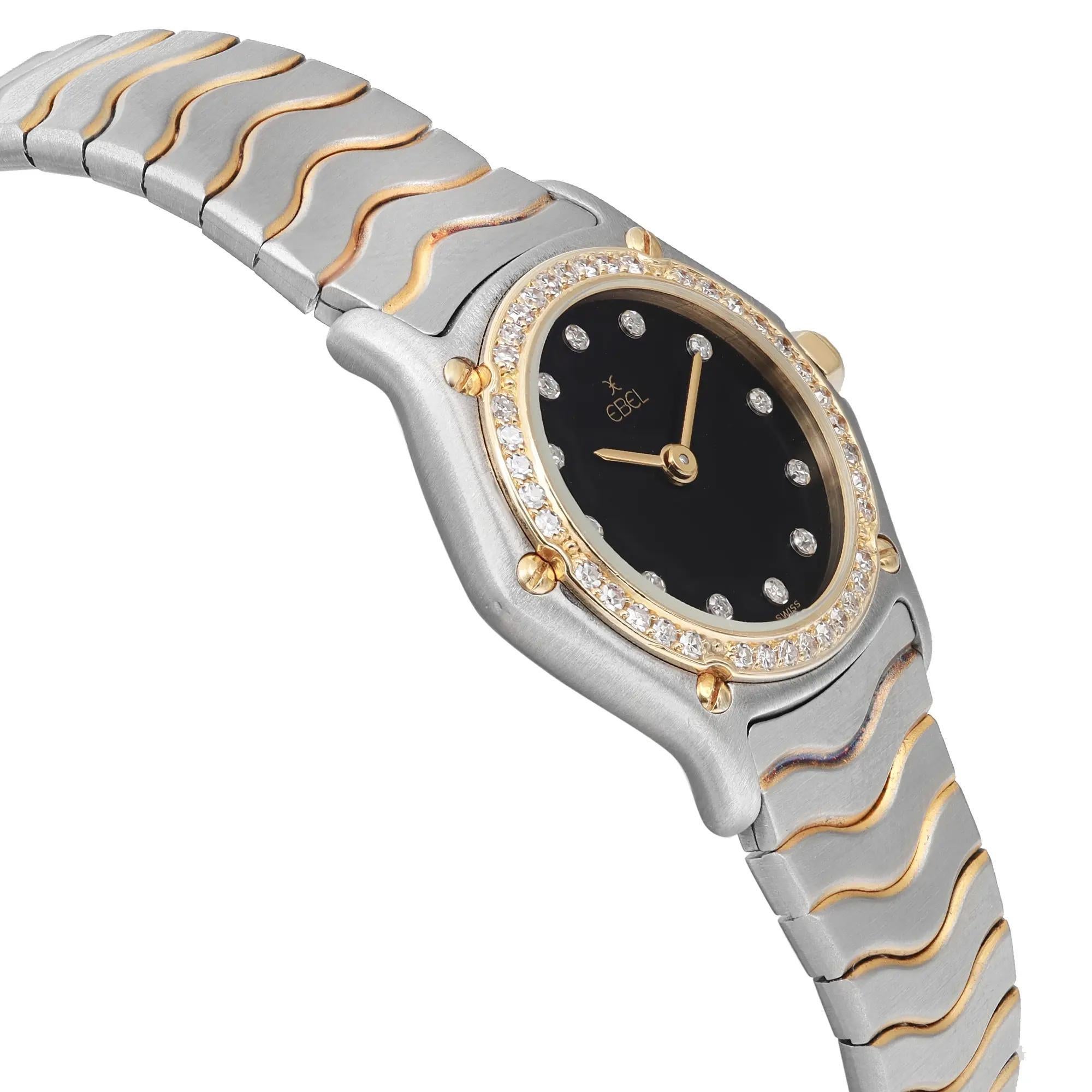 Ebel Classic Wave 18K Yellow Gold Steel Black Dial Quartz Ladies Watch 1057902 In Excellent Condition In New York, NY