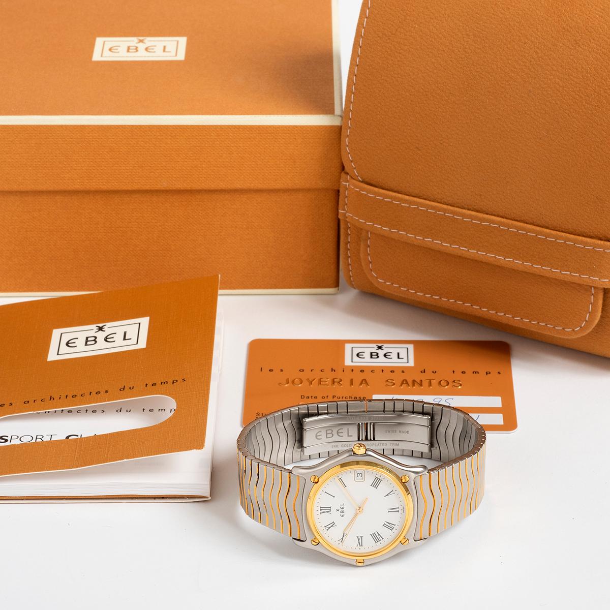Our iconic, neo vintage quartz Ebel Classic Wave / Sport Classique features a 37mm stainless steel and 18k yellow gold case (inc crown) with stainless steel and gold wave bracelet, white dial with black Roman numerals. This is the original Ebel