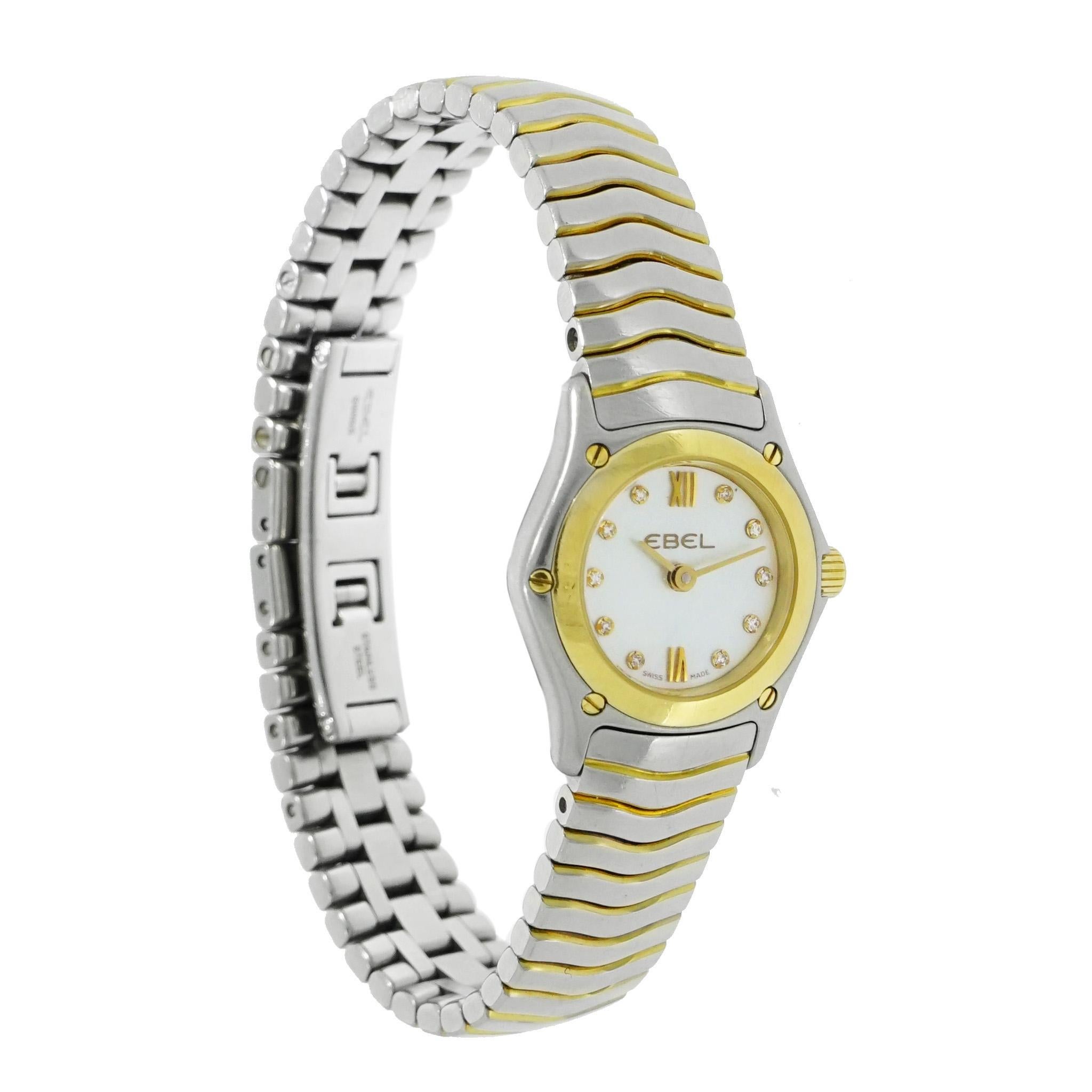 This lovely Ebel Classic Wave lady's watch is perfect for the beautiful woman with style.
The watch is crafted in 18K Yellow Gold and Stainless Steel Case, (measuring 23mm in diameter and 6mm in thickness). 18K Yellow Gold and Stainless Steel