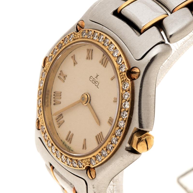 Contemporary Ebel Cream Yellow Gold & Stainless Steel Diamonds 1911 Women's Wristwatch 24 mm
