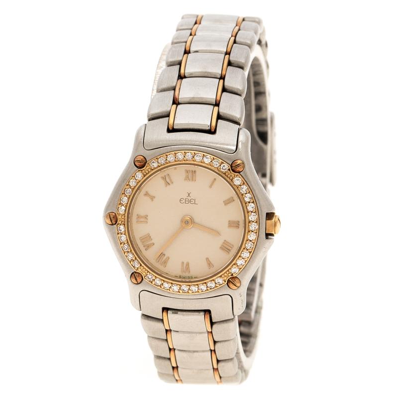 Ebel Cream Yellow Gold & Stainless Steel Diamonds 1911 Women's Wristwatch 24 mm