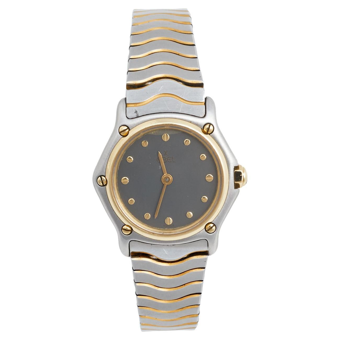 Ebel Grey 18k Yellow Gold Stainless Steel Classic Wave Women's Wristwatch 24 mm