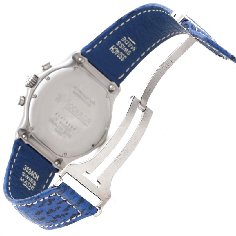 Ebel Le Modulor Automatic Chronograph Blue Strap Steel Watch 9137241. Automatic self-winding movement. Round stainless steel case 39.0 mm in diameter. Scratch resistant sapphire crystal. Silver dial with roman numerals and luminous baton hands. Date
