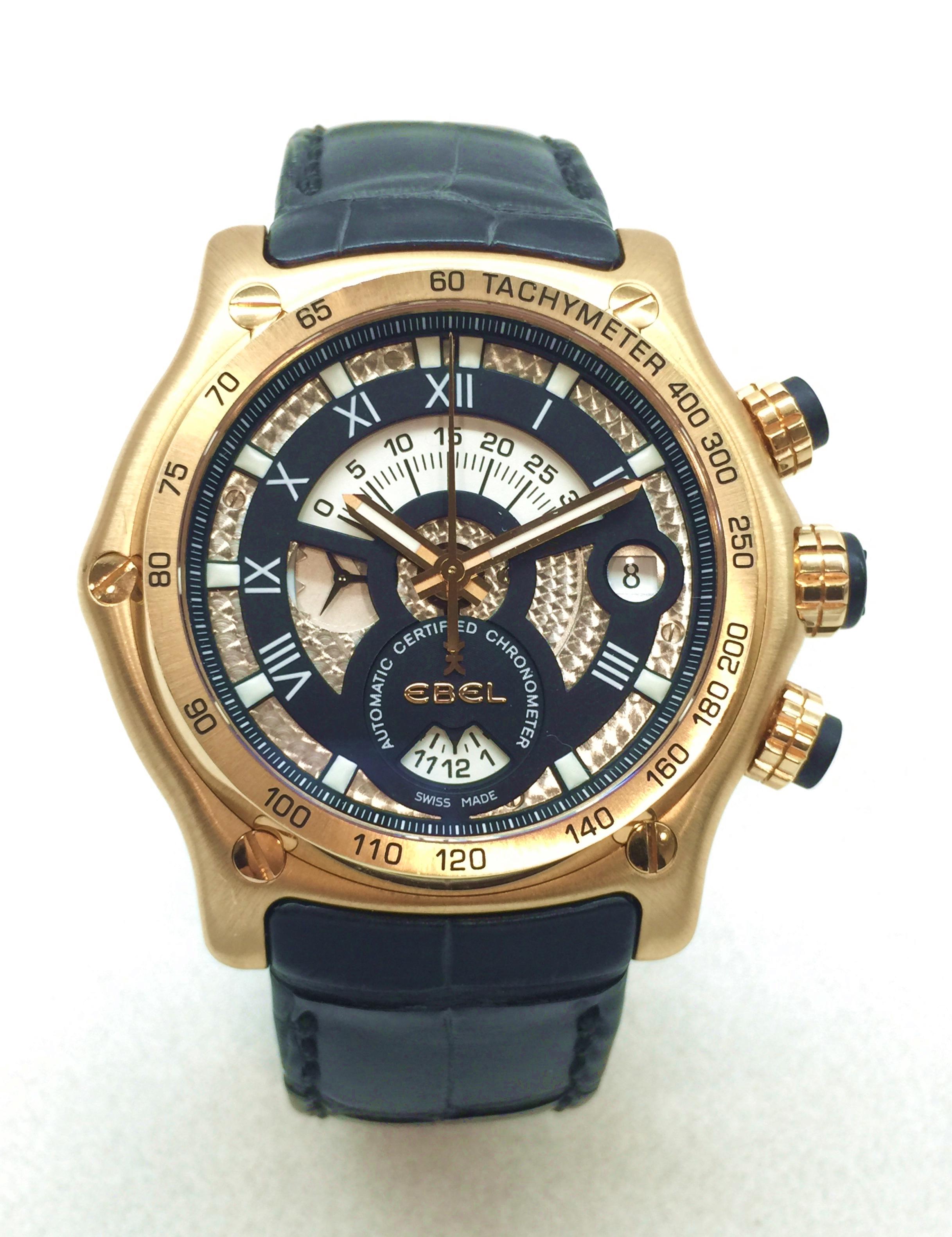 Ebel Mens Limited Edition 18K Rose gold 1911 BTR Chronograph automatic movement COSC certified chronometer Swiss made watch. The case size is 44.5 mm, fitted with sapphire crystal case-back displaying the intricate workings and aesthetic