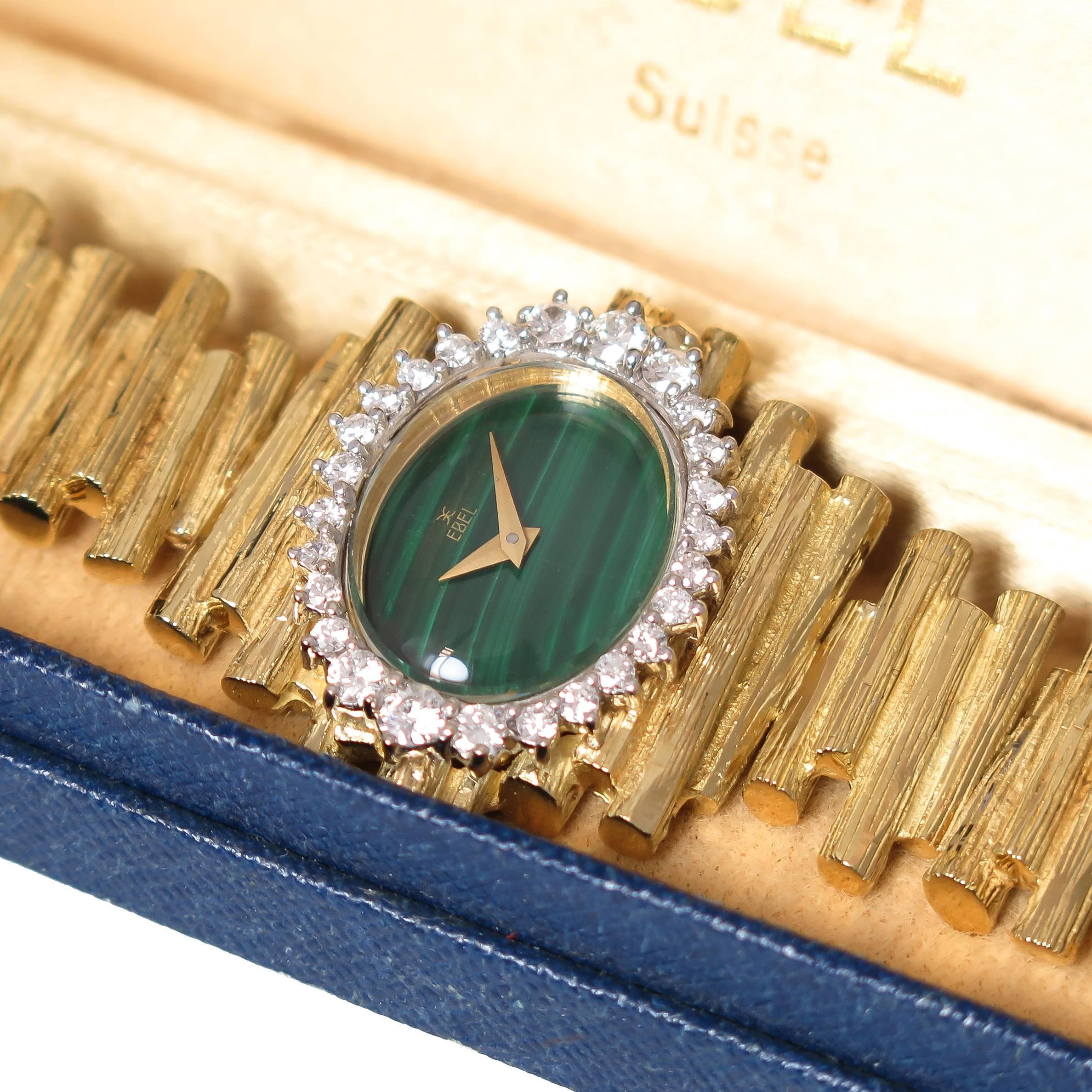 Ebel Yellow Gold Diamond Malachite Dial Manual wind Wristwatch, circa 1960s 1