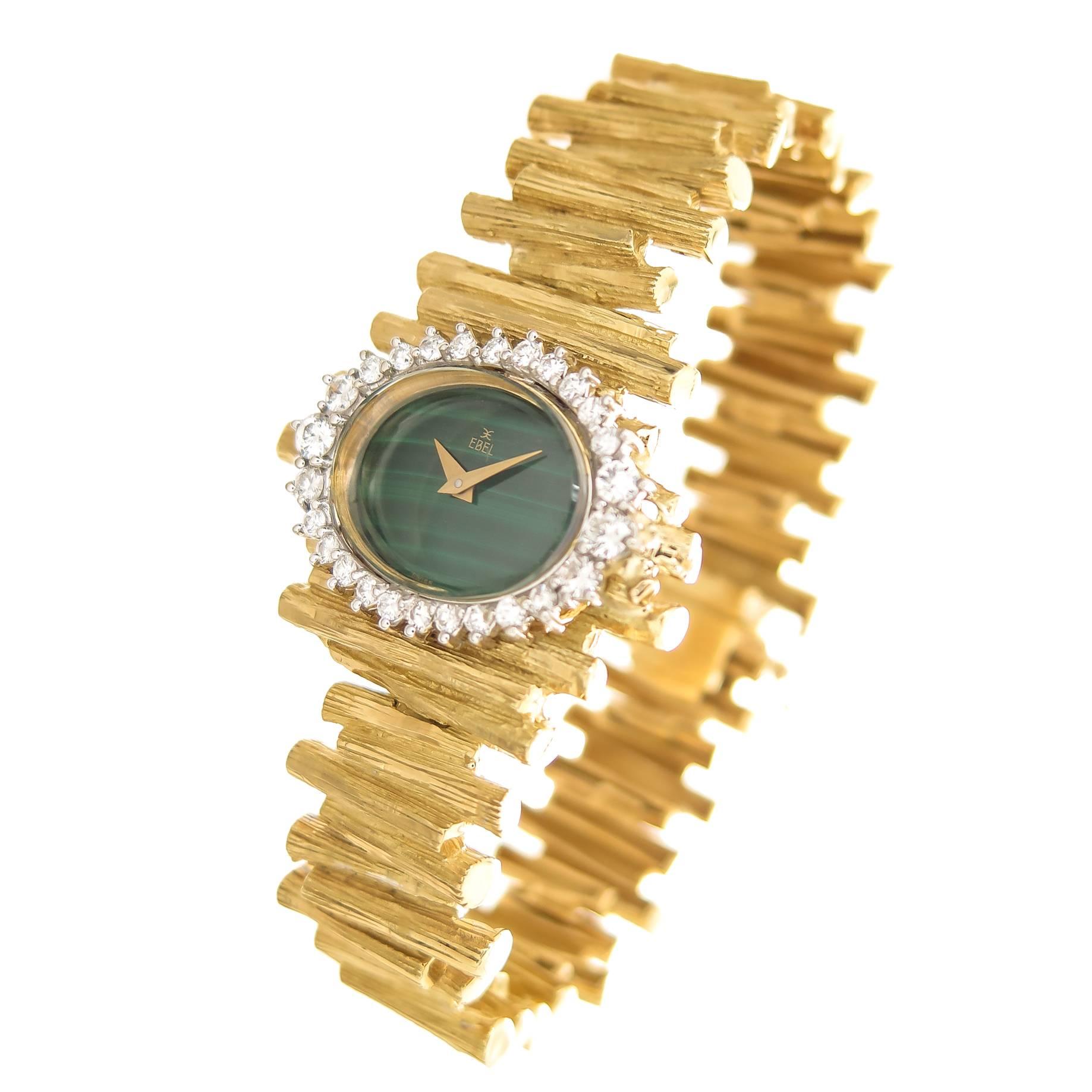 Ebel Yellow Gold Diamond Malachite Dial Manual wind Wristwatch, circa 1960s
