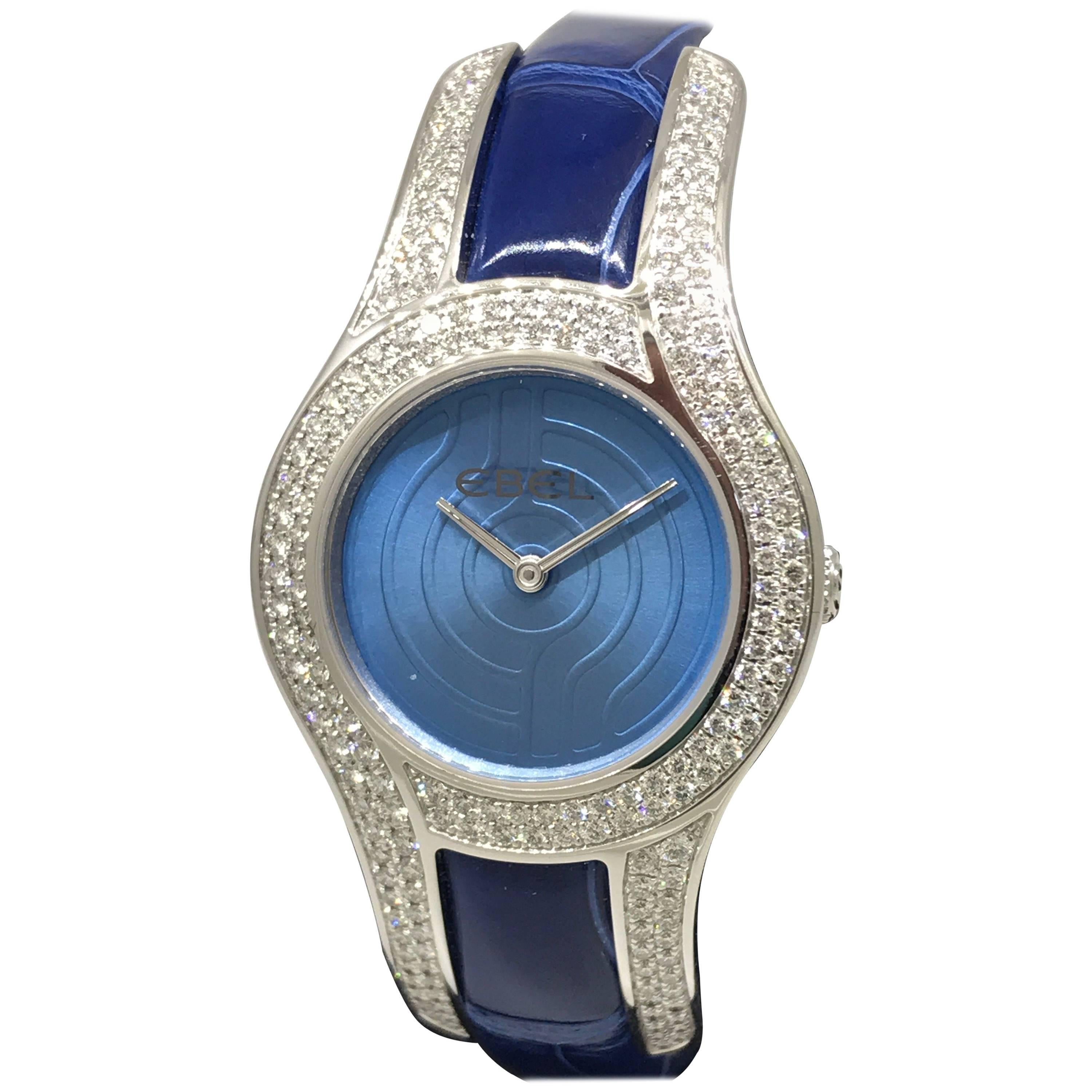 Ebel Midnight Moonchic White Gold Diamond Leather Band Ladies Watch 3157H29 New For Sale
