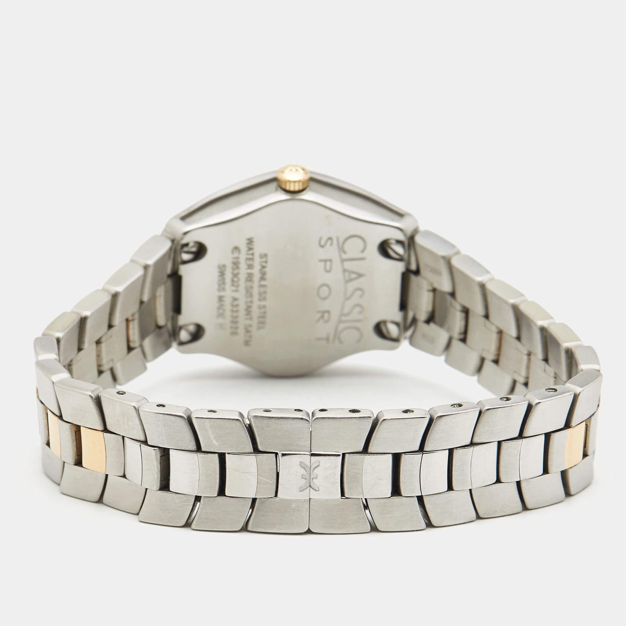 Crafted from stainless steel, this Ebel watch has a sophisticated look. This quartz wristwatch features a mother-of-pearl dial that houses hour markers accented with diamonds. Water-resistant up to 50 meters, this Classic Sport watch is a must-have