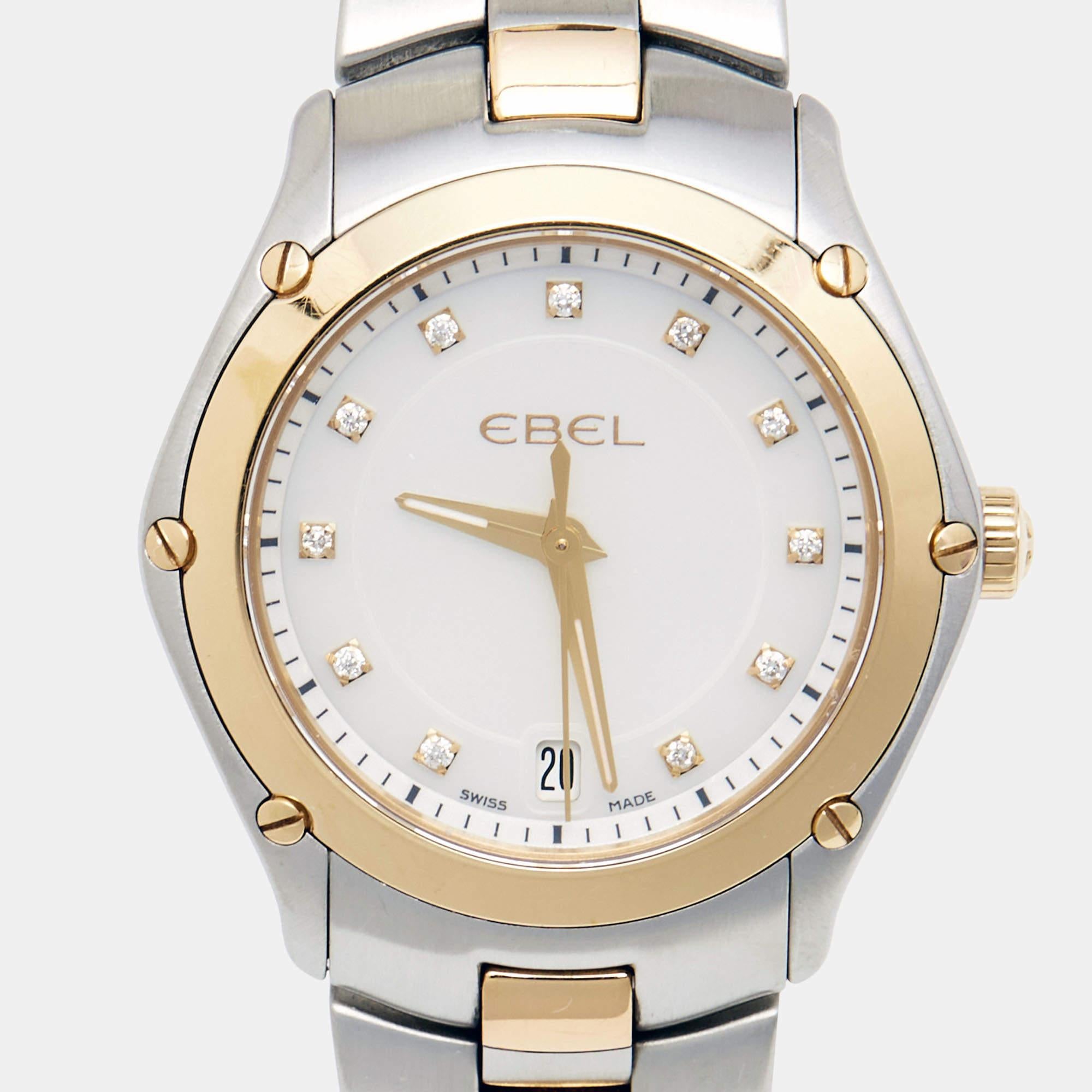 Uncut Ebel Mother Of Pearl 18K Yellow Gold Stainless Steel Classic Sport Wristwatch 28