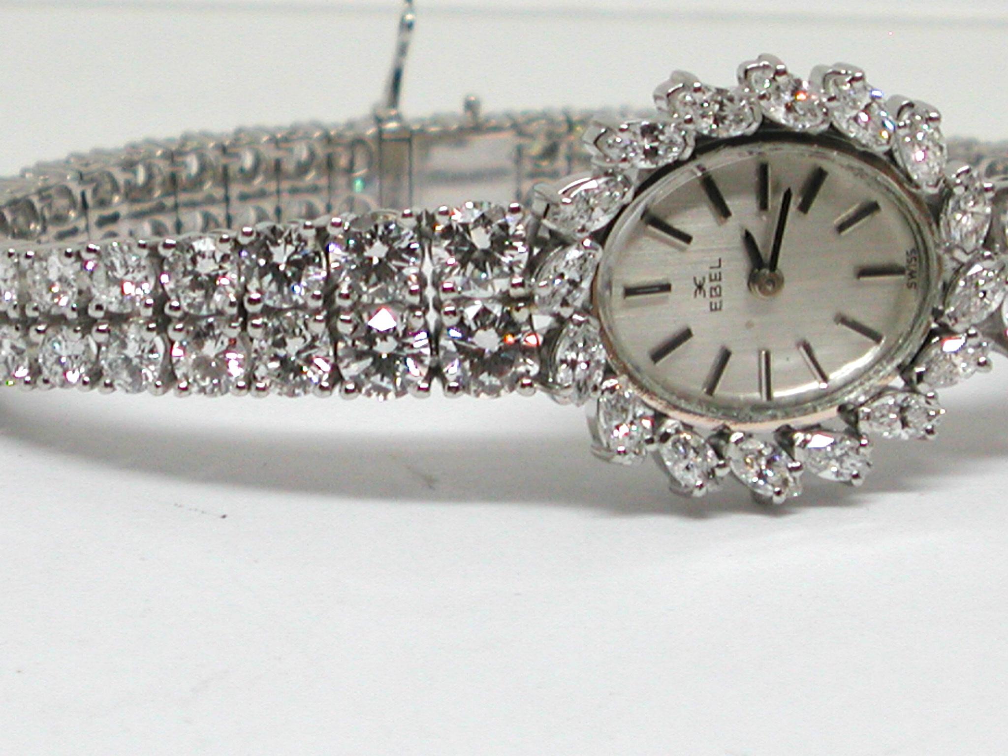 Ebel Signed 18 Karat White Gold 12.04 Carat Diamond Tennis Bracelet Wrist Watch 3