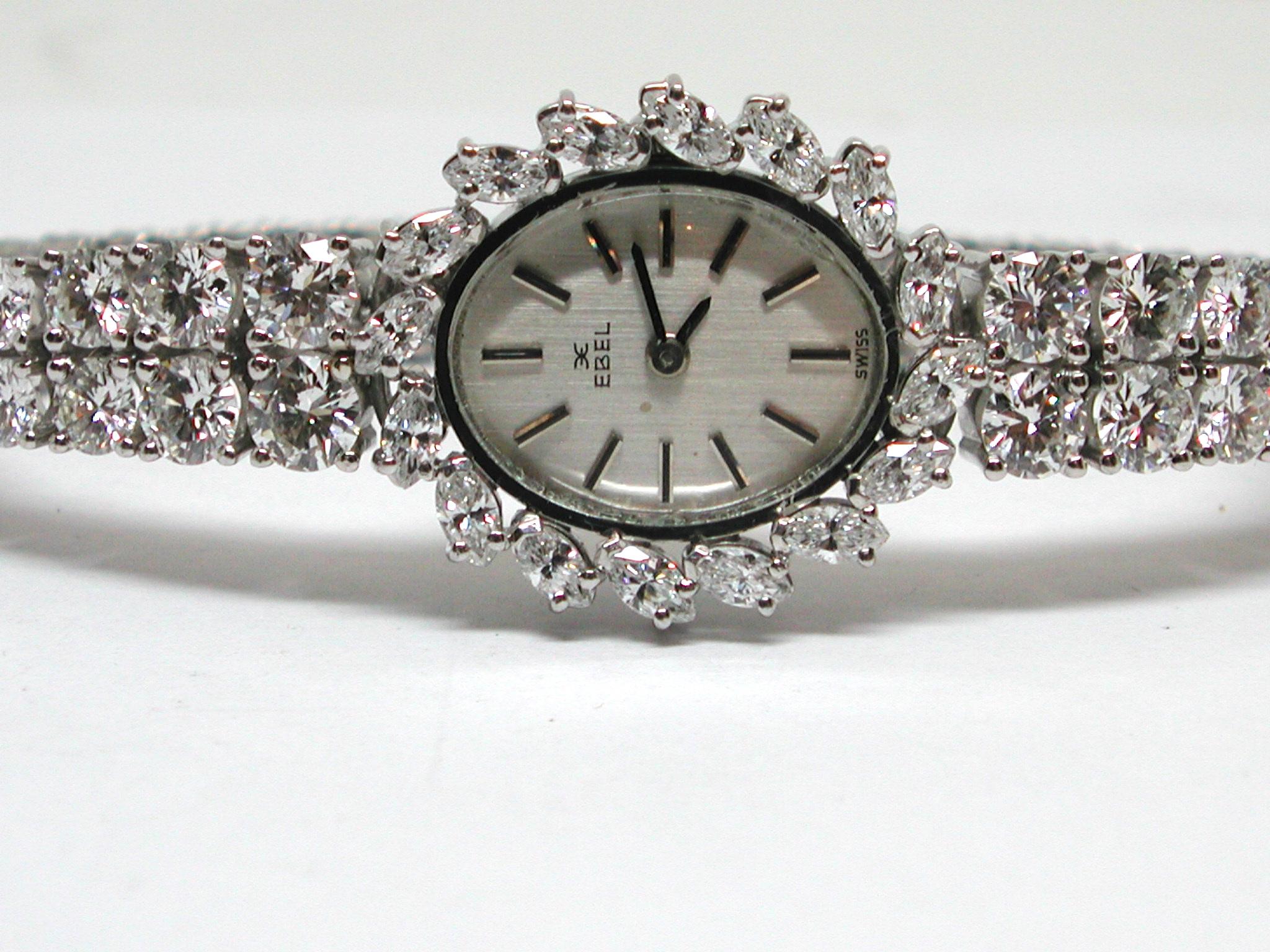 Ebel Signed 18 Karat White Gold 12.04 Carat Diamond Tennis Bracelet Wrist Watch 6