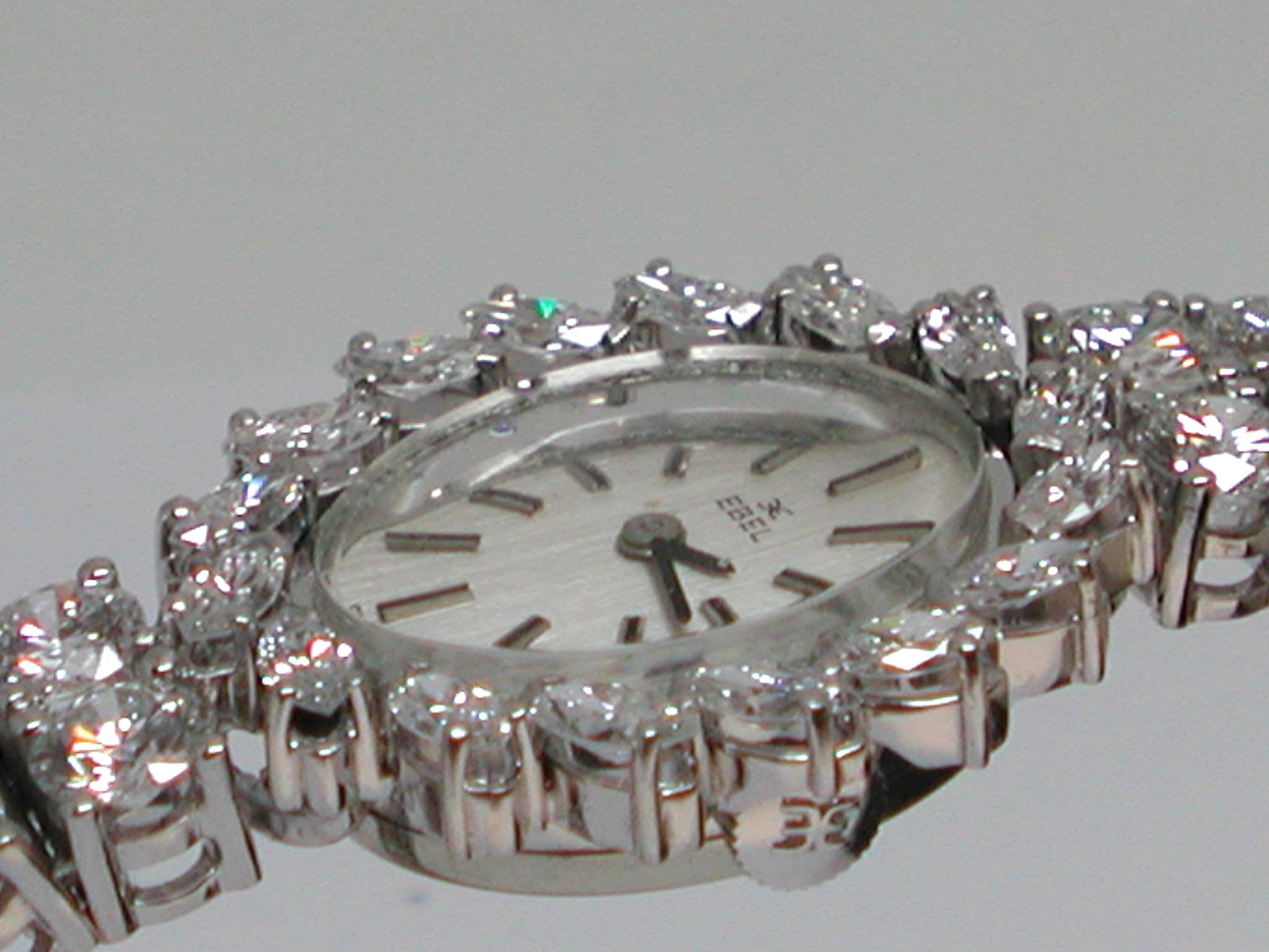 Round Cut Ebel Signed 18 Karat White Gold 12.04 Carat Diamond Tennis Bracelet Wrist Watch