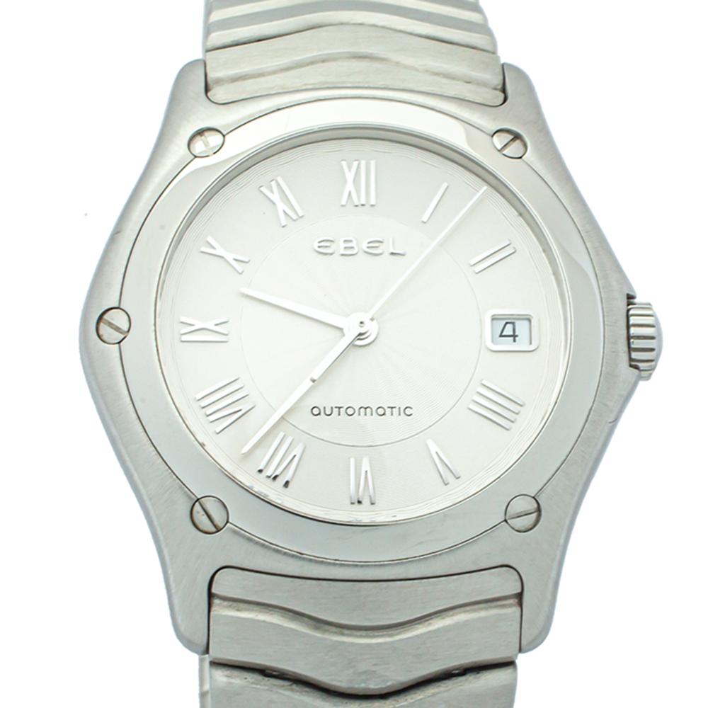 Contemporary Ebel Silver Stainless Steel Classic Wave Automatic 9120F41 Men's Wristwatch 37mm