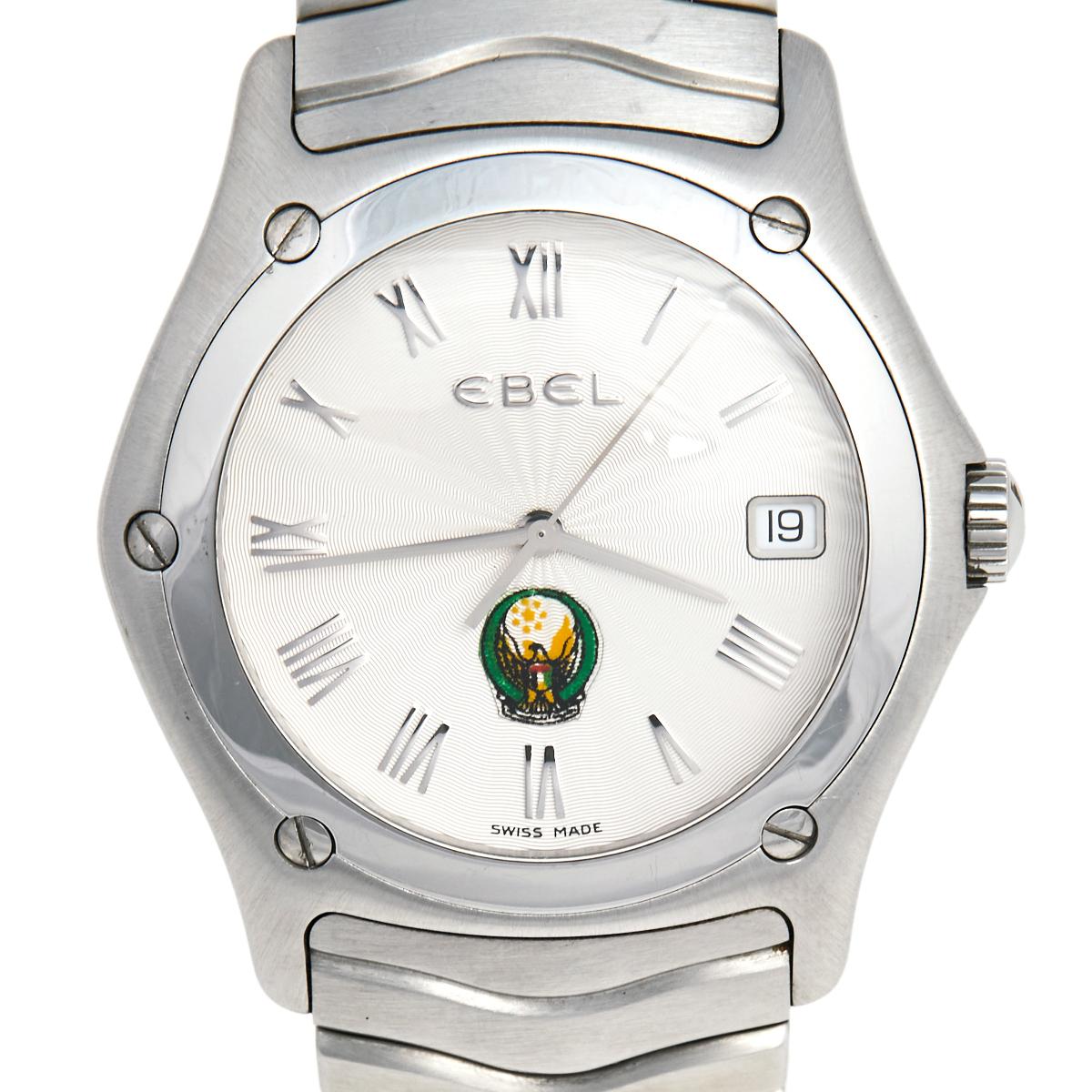Ebel Silver Stainless Steel Classic Wave UAE NOS E9187 Men's Wristwatch 37 mm 1
