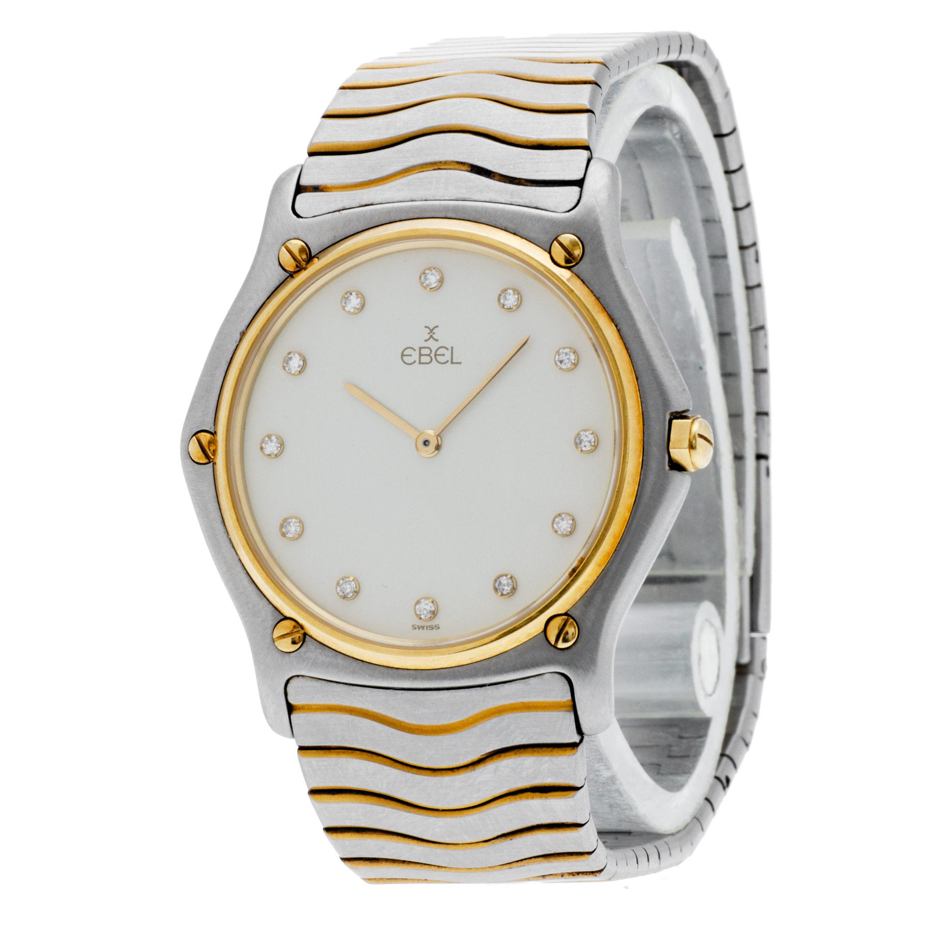 Unisex Ebel Sportwave with diamonds on dial in 18k yellow gold & stainless steel. Quartz. 34 mm case size. Ref 181903. Fine Pre-owned Ebel Watch. Certified preowned Ebel Sportwave 181903 watch is made out of Stainless steel on a 18k & Stainless