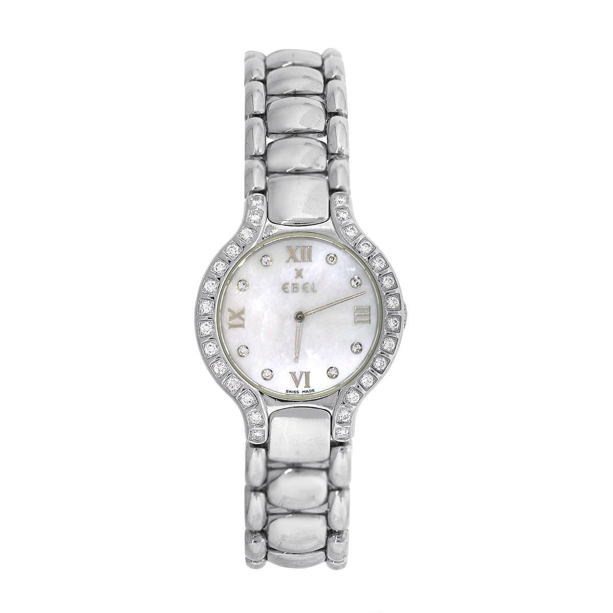 Brand: Ebel
Style: Beluga
MPN: 9157428-20
Case Material: Stainless steel
Case Diameter: 27mm
Bezel: Stainless steel fixed diamond bezel
Dial: Mother of pearl dial with diamond and roman dial markers
Bracelet: Stainless steel
Crystal: Sapphire
Size: