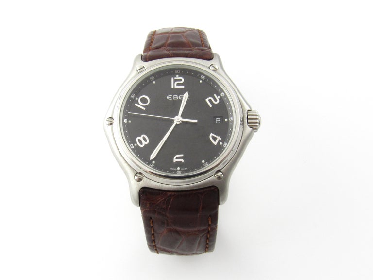 Ebel Stainless Steel Brown Leather Band Black Dial Quartz Watch 9187241