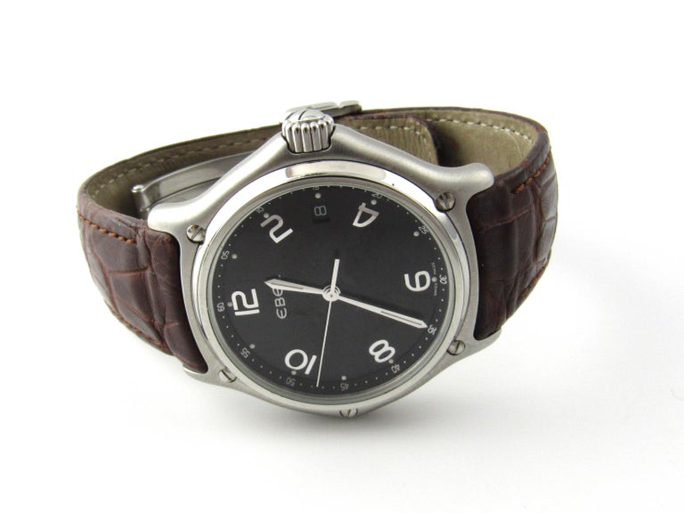 Ebel Stainless Steel Brown Leather Band Black Dial Quartz Watch 9187241