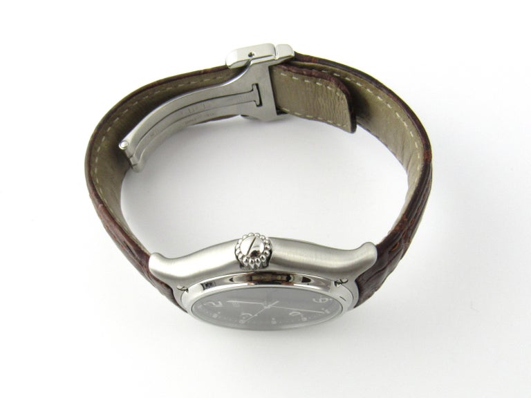 Ebel Stainless Steel Brown Leather Band Black Dial Quartz Watch 9187241