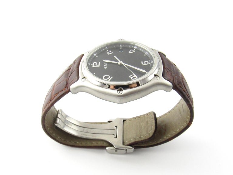 Ebel Stainless Steel Brown Leather Band Black Dial Quartz Watch 9187241