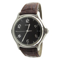 Ebel Stainless Steel Brown Leather Band Black Dial Quartz Watch 9187241