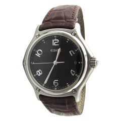 Ebel Stainless Steel Brown Leather Band Black Dial Quartz Watch 9187241