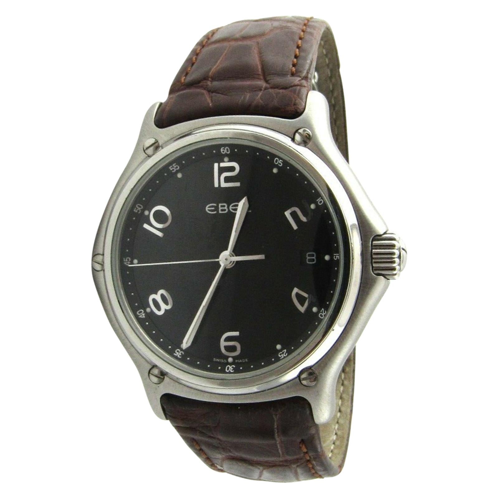Ebel Stainless Steel Brown Leather Band Black Dial Quartz Watch 9187241