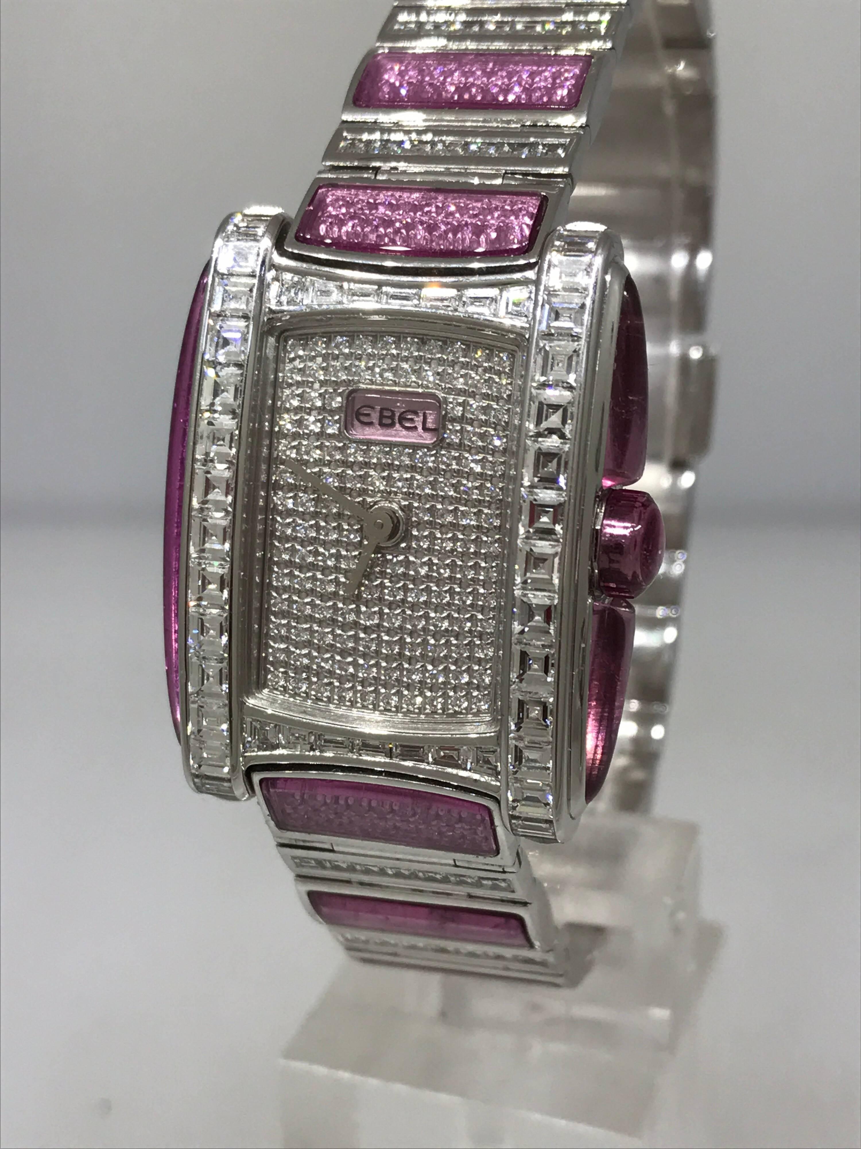 Ebel Vanua White Gold & Pave Pink and White Diamond Case & Bracelet Lady's Watch In Excellent Condition For Sale In New York, NY