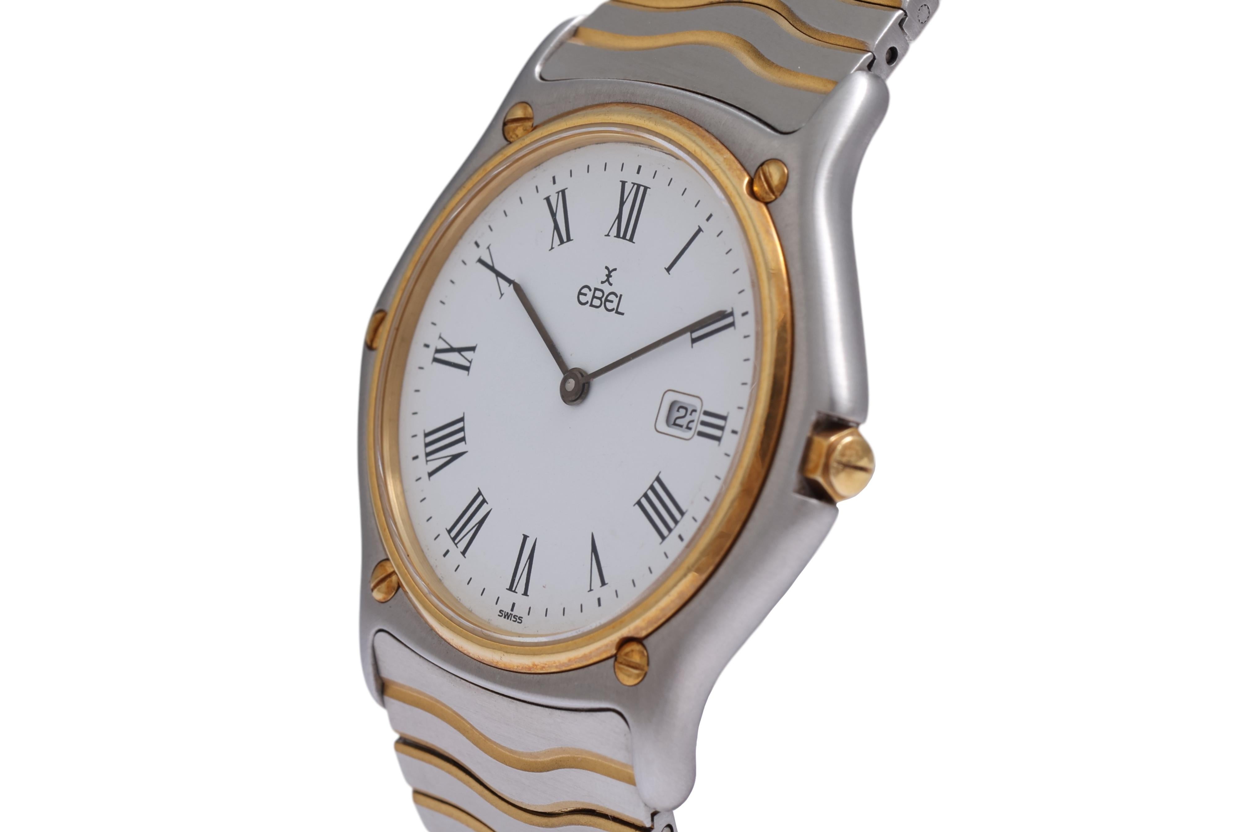 Ebel Wave Classic 1911, Steel & Gold Wrist Watch

EBEL WAVE SUPER CLASSIC.

MOVEMENT: quartz.

FUNCTIONS: hours,minutes seconds, date.

CASE: gold/steel , sapphire glass,diameter 34 mm ,thickness 5.5, from right to left including crown 36 mm

DIAL:
