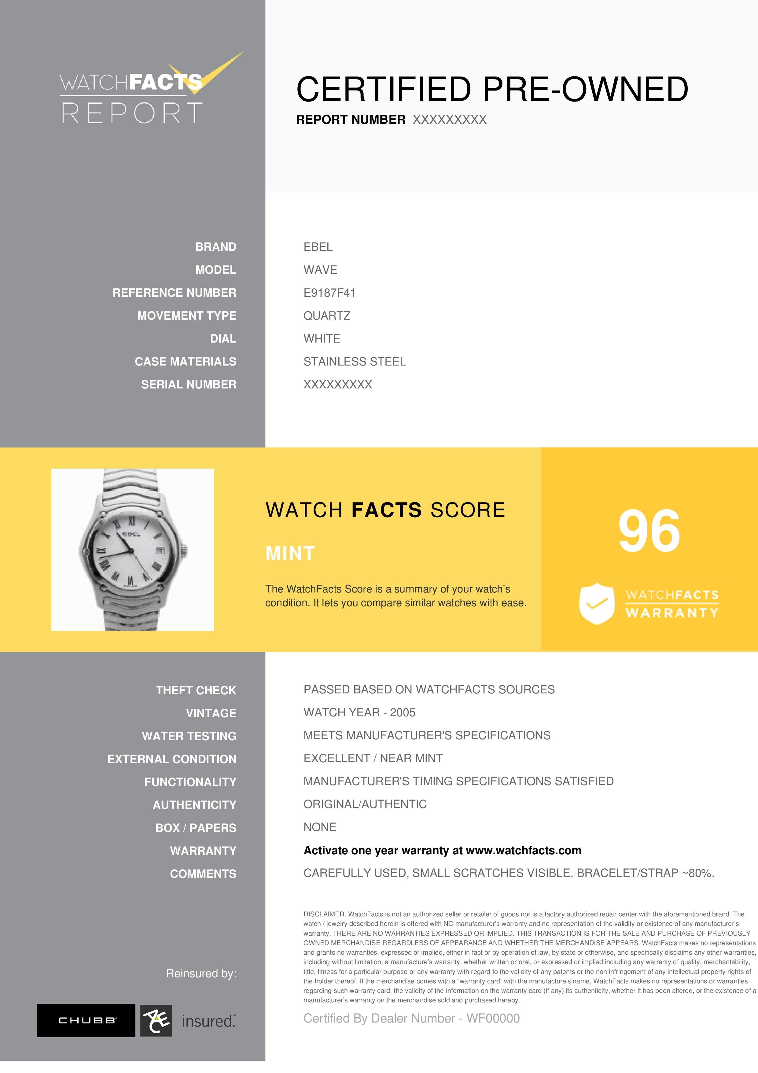 Ebel Wave Reference #: E9187F41. Mens Quartz Watch Stainless Steel White 37 MM. Verified and Certified by WatchFacts. 1 year warranty offered by WatchFacts.

