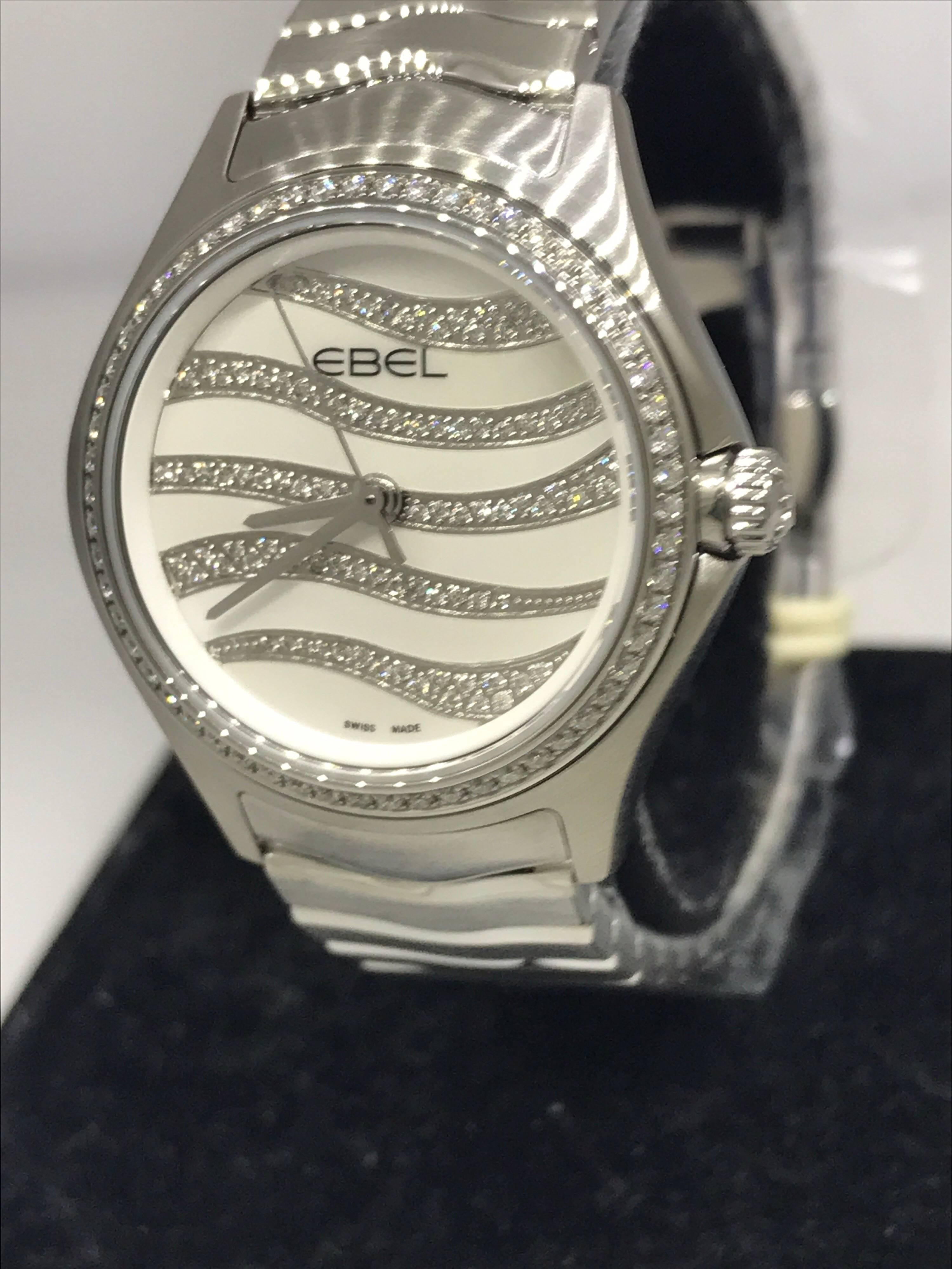 Ebel Wave Ladies Watch

Model Number: 1216270

100% Authentic

Brand New

Comes with original Ebel box, warranty card and instruction manual

Stainless Steel Case & Bracelet

Mother of Pearl Diamond Dial

Case Size: 30mm

Water Resistant up to