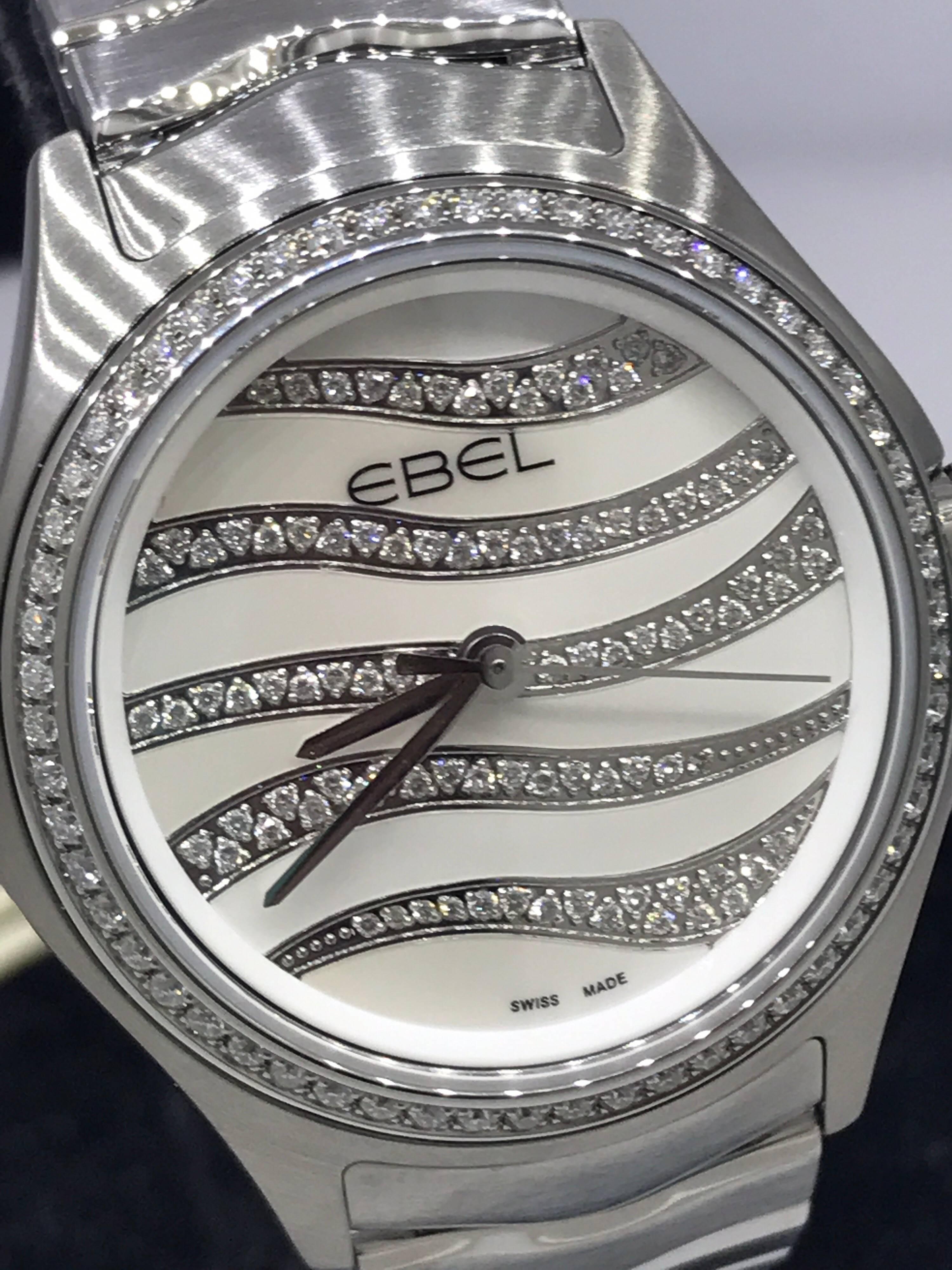 Ebel Wave Mother of Pearl Diamond Dial and Bezel Steel Ladies Watch 1216270 In New Condition For Sale In New York, NY