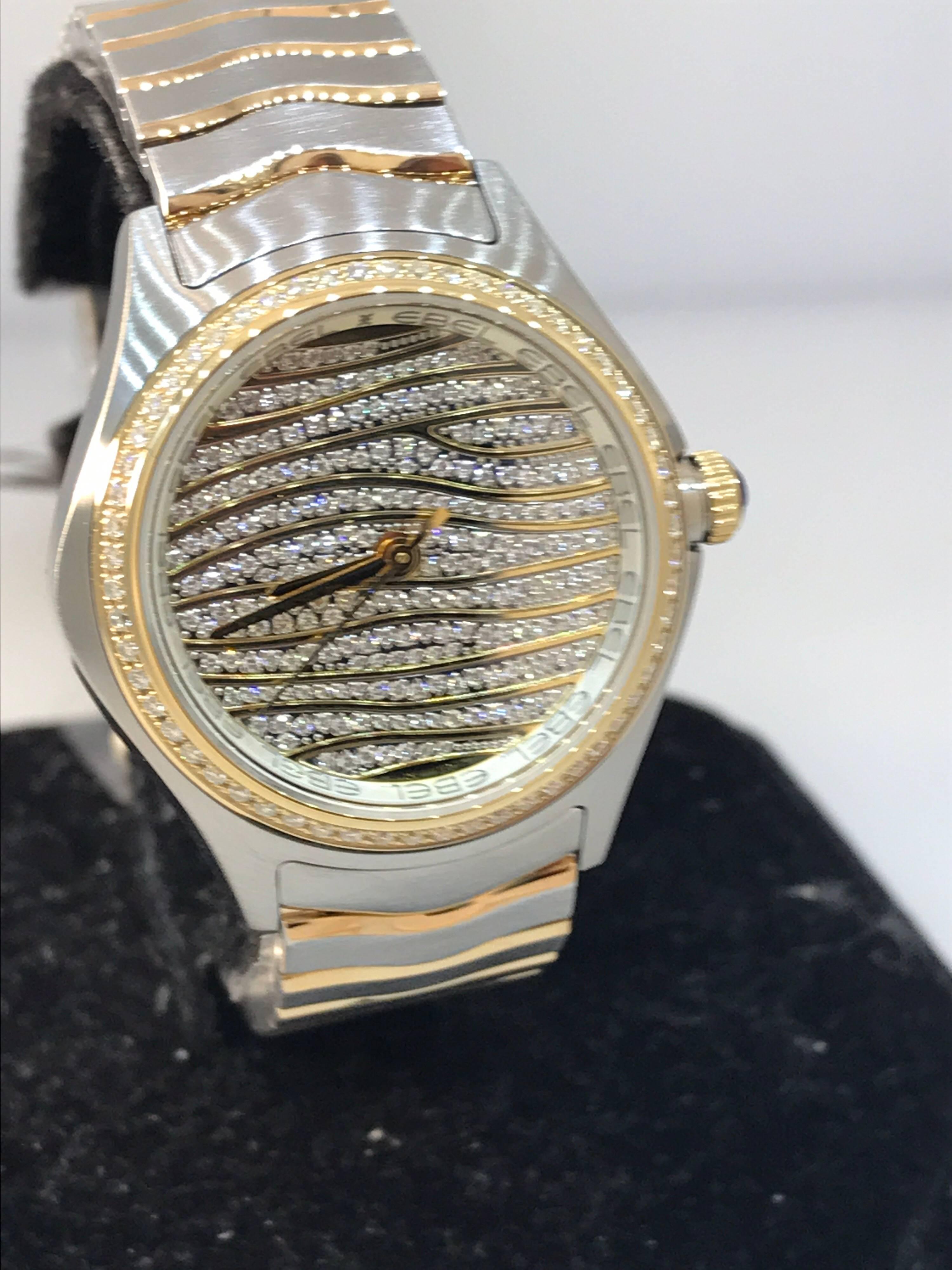 Ebel Wave Pave Diamond Dial & Bezel Steel & Gold Ladies Bracelet Watch 1216285 In New Condition In New York, NY