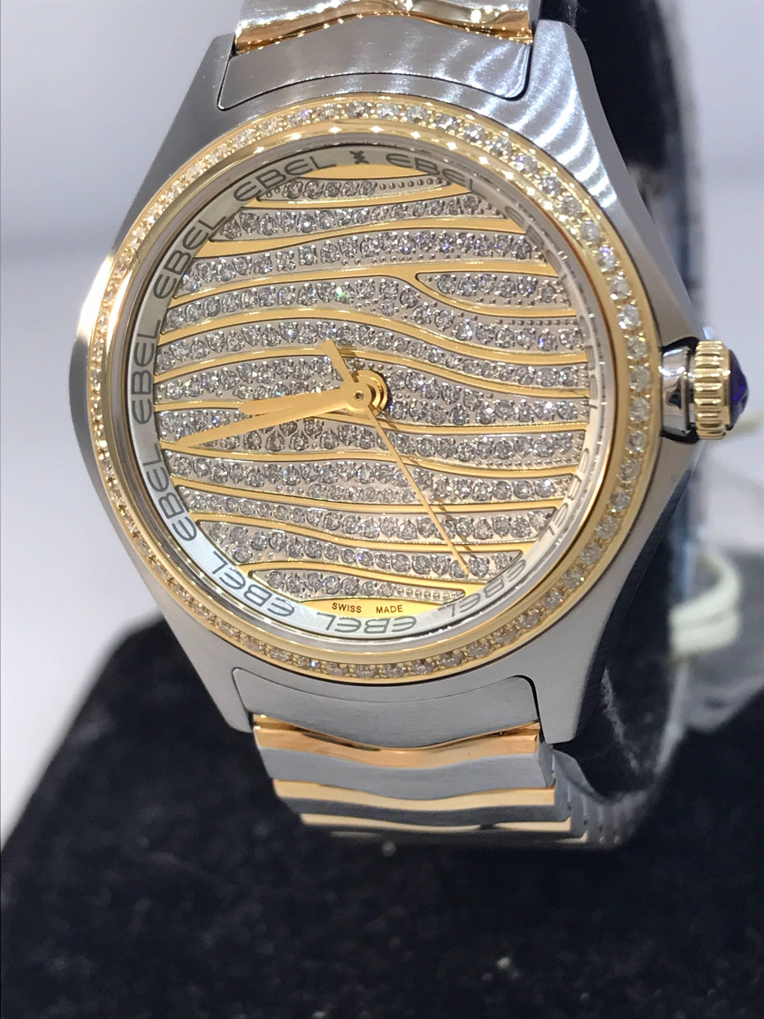 Women's Ebel Wave Pave Diamond Dial & Bezel Steel & Gold Ladies Bracelet Watch 1216285