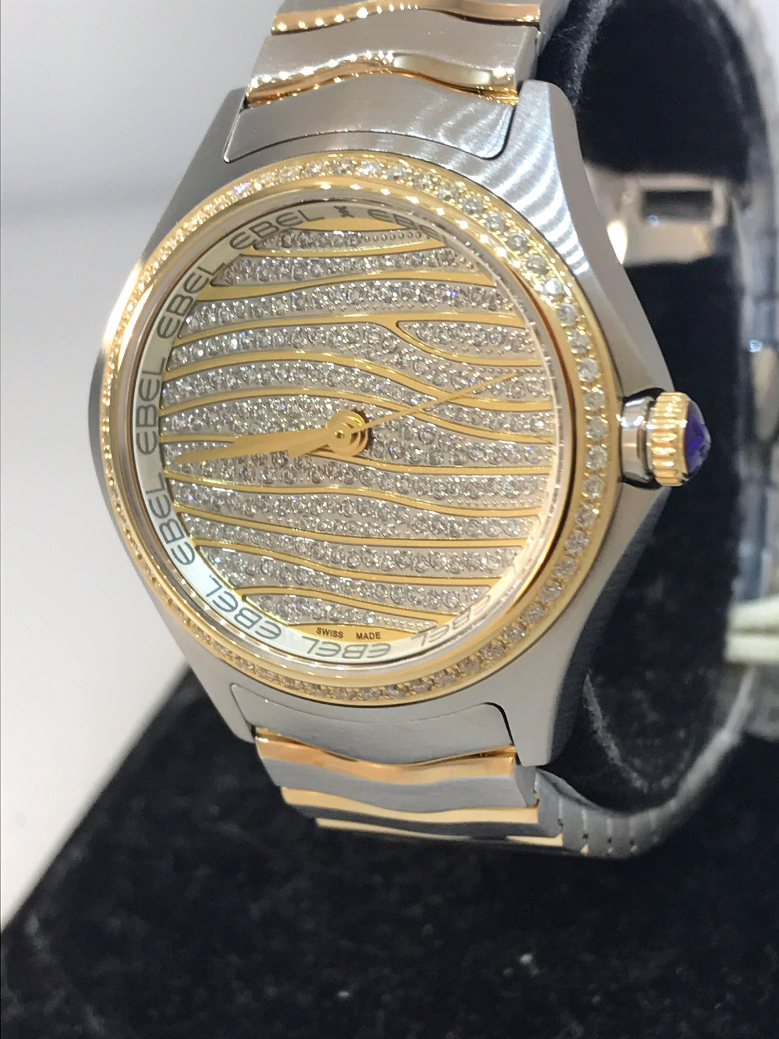Ebel Wave Pave Diamond Dial & Bezel Steel & Gold Ladies Bracelet Watch 1216285 1